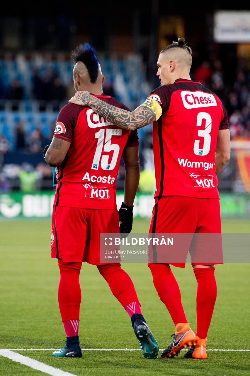 Bismar Acosta of Brann and Vito Wormgoor of Brann after the Eliteserien match between Strømsgodset and Brann on April 2, 2018 in Drammen.