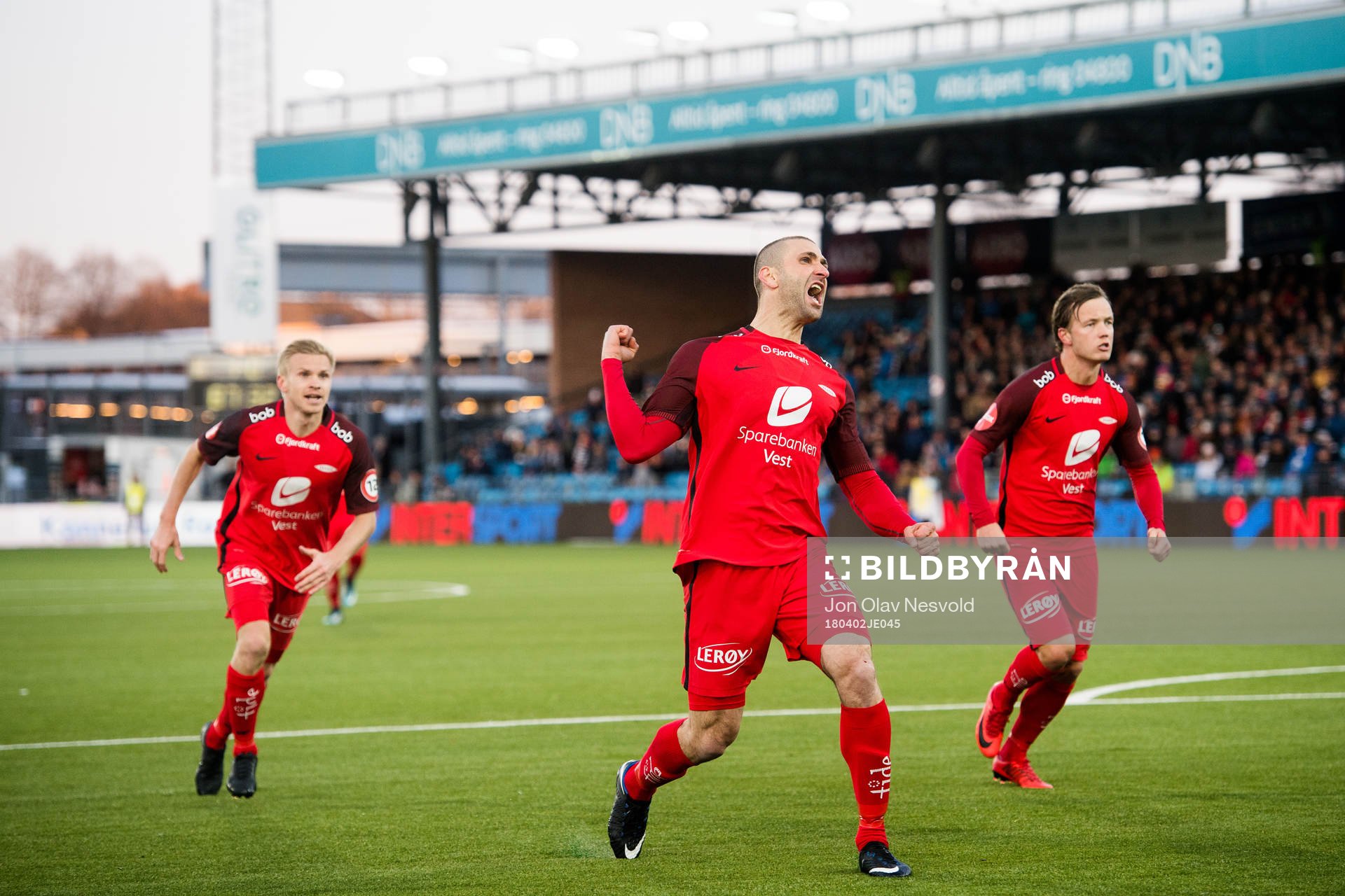 Azar Karadas of Brann celebrates 1-1 during the Eliteserien match between Strømsgodset and Brann on April 2, 2018 in Drammen.