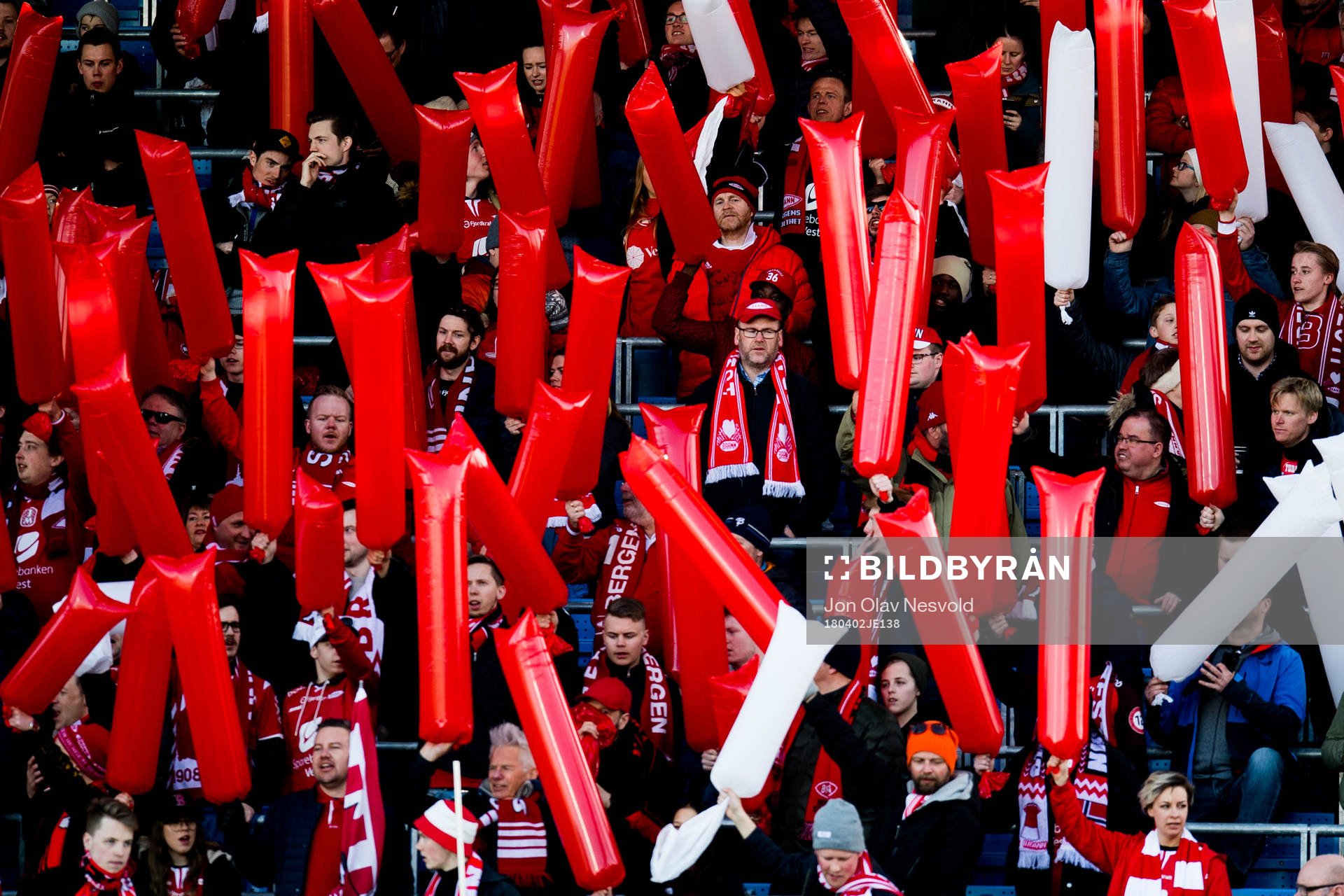 Supporters of Brann ahead of the Eliteserien match between Strømsgodset and Brann on April 2, 2018 in Drammen.