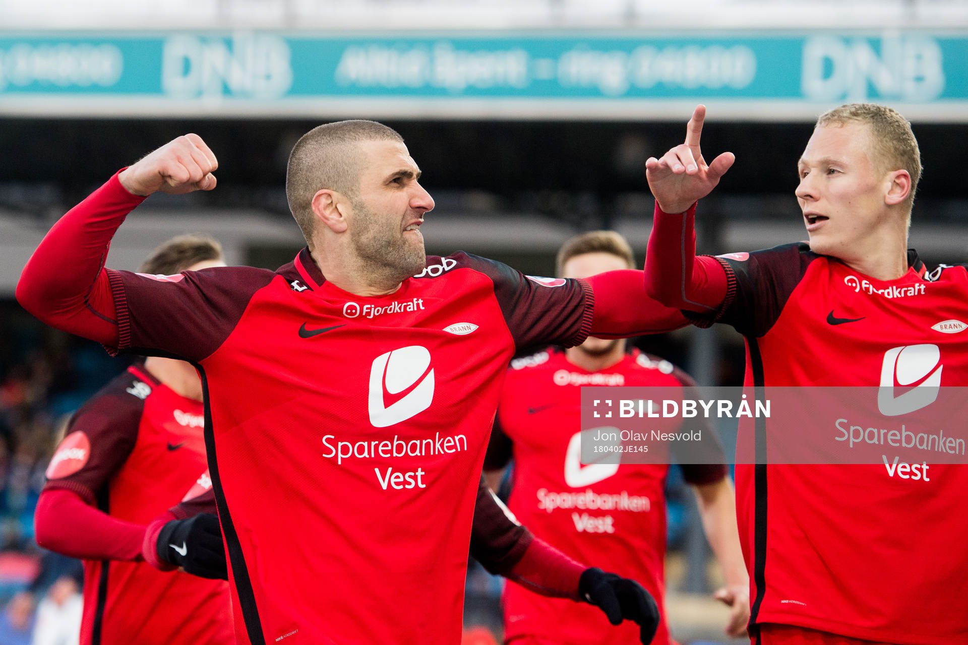 Azar Karadas and Kristoffer Barmen of Brann celebrate 1-1