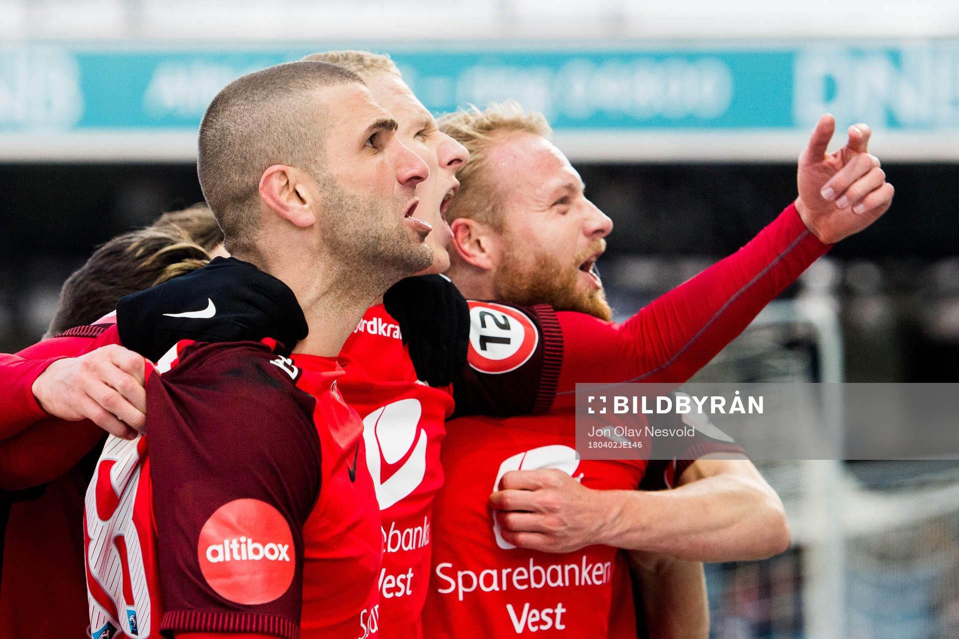 Azar Karadas and Kristoffer Barmen of Brann celebrate 1-1
