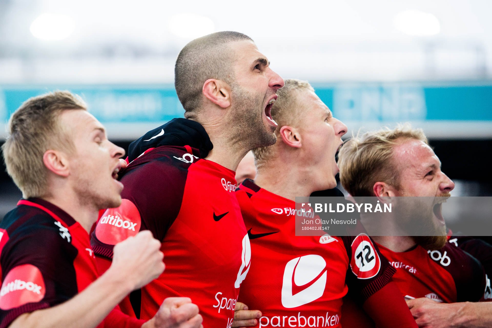 Azar Karadas and Kristoffer Barmen of Brann celebrate 1-1