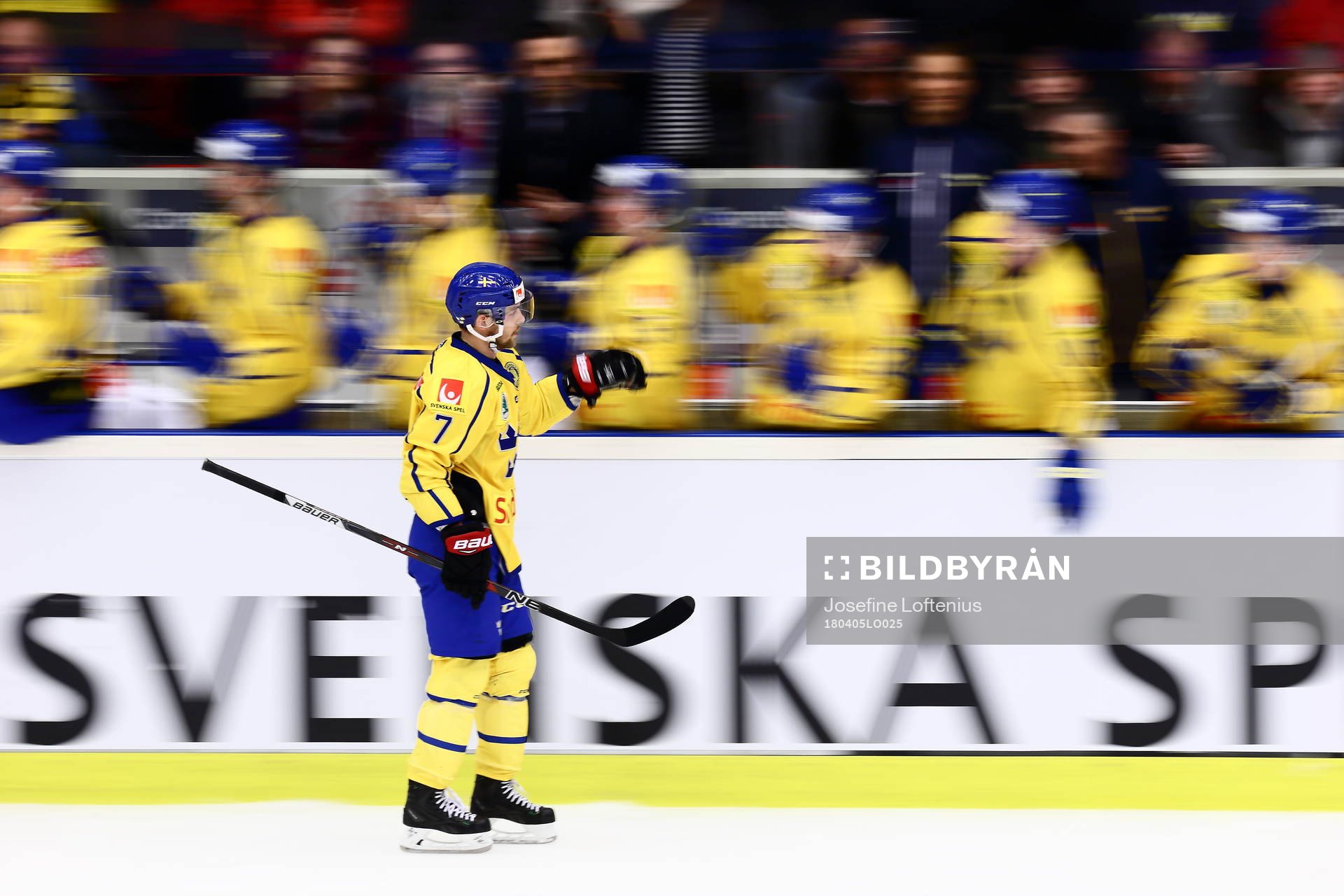 Sveriges Patrick Cehlin jublar med spelarna i båset