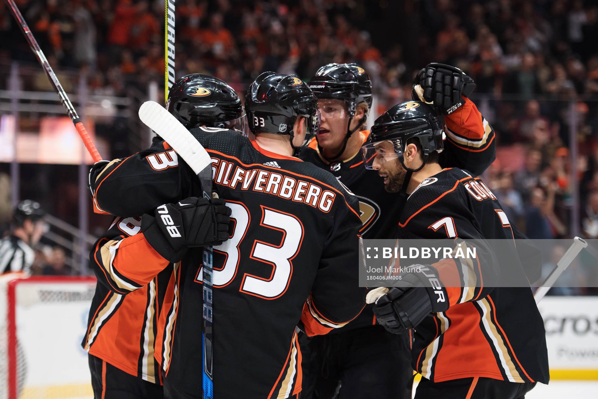 Ducks Derek Grant, Jakob Silfverberg, Hampus Lindholm och