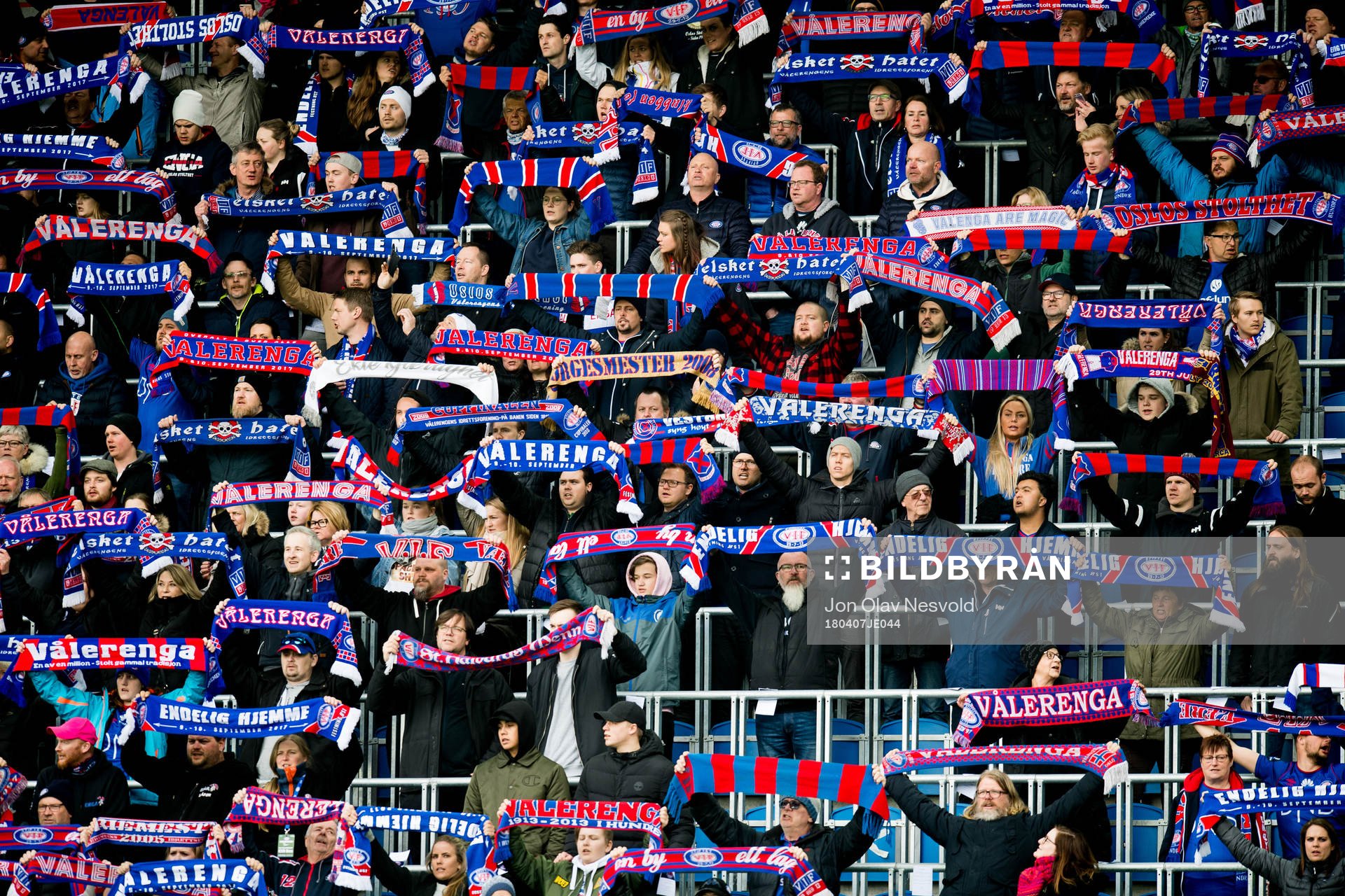 Supporters of Vålerenga ahead of the Eliteserien match between Vålerenga and Strømsgodset on April 7, 2018 in Oslo.