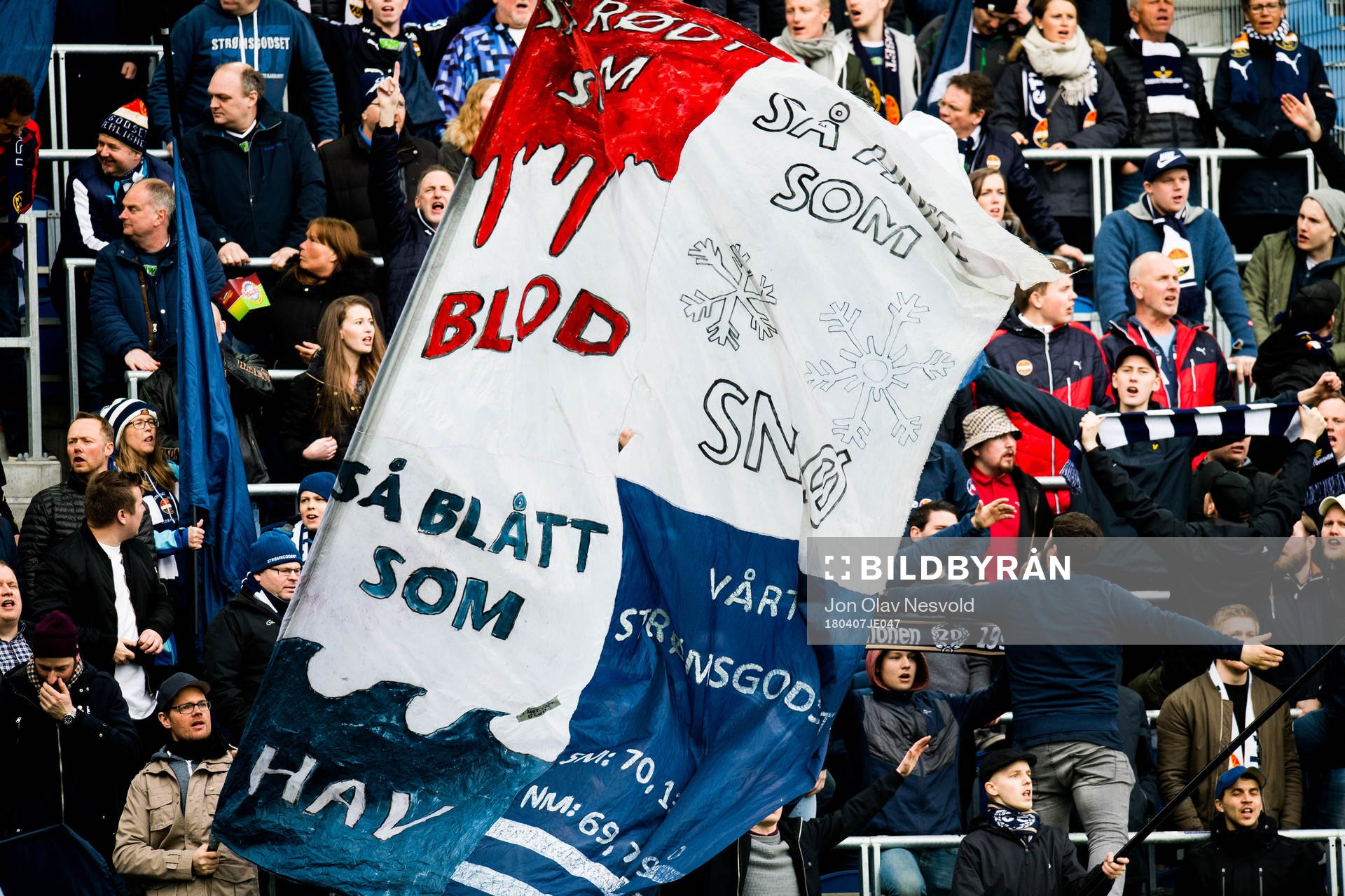 Supporters of Strømsgodset ahead of the Eliteserien match between Vålerenga and Strømsgodset on April 7, 2018 in Oslo.