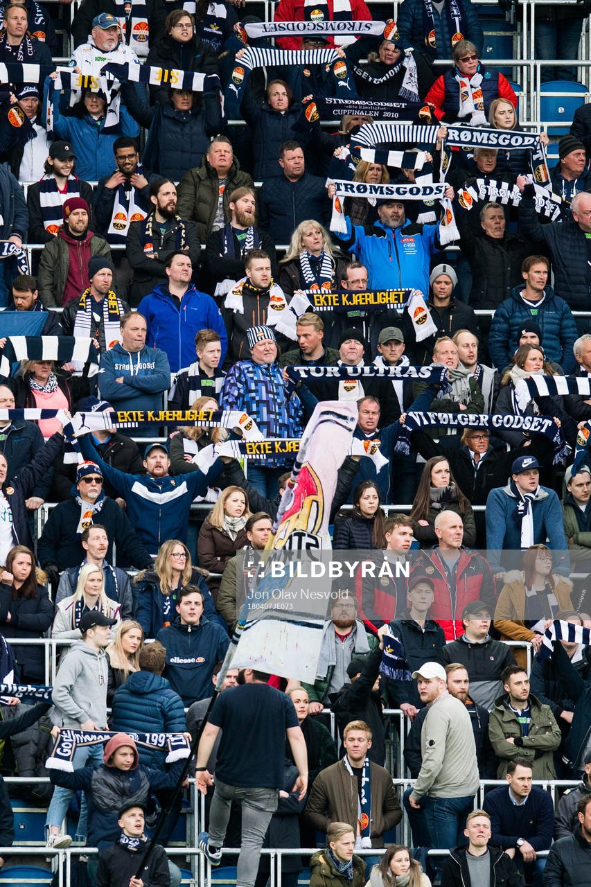 Supporters of Strømsgodset during the Eliteserien match between Vålerenga and Strømsgodset on April 7, 2018 in Oslo.