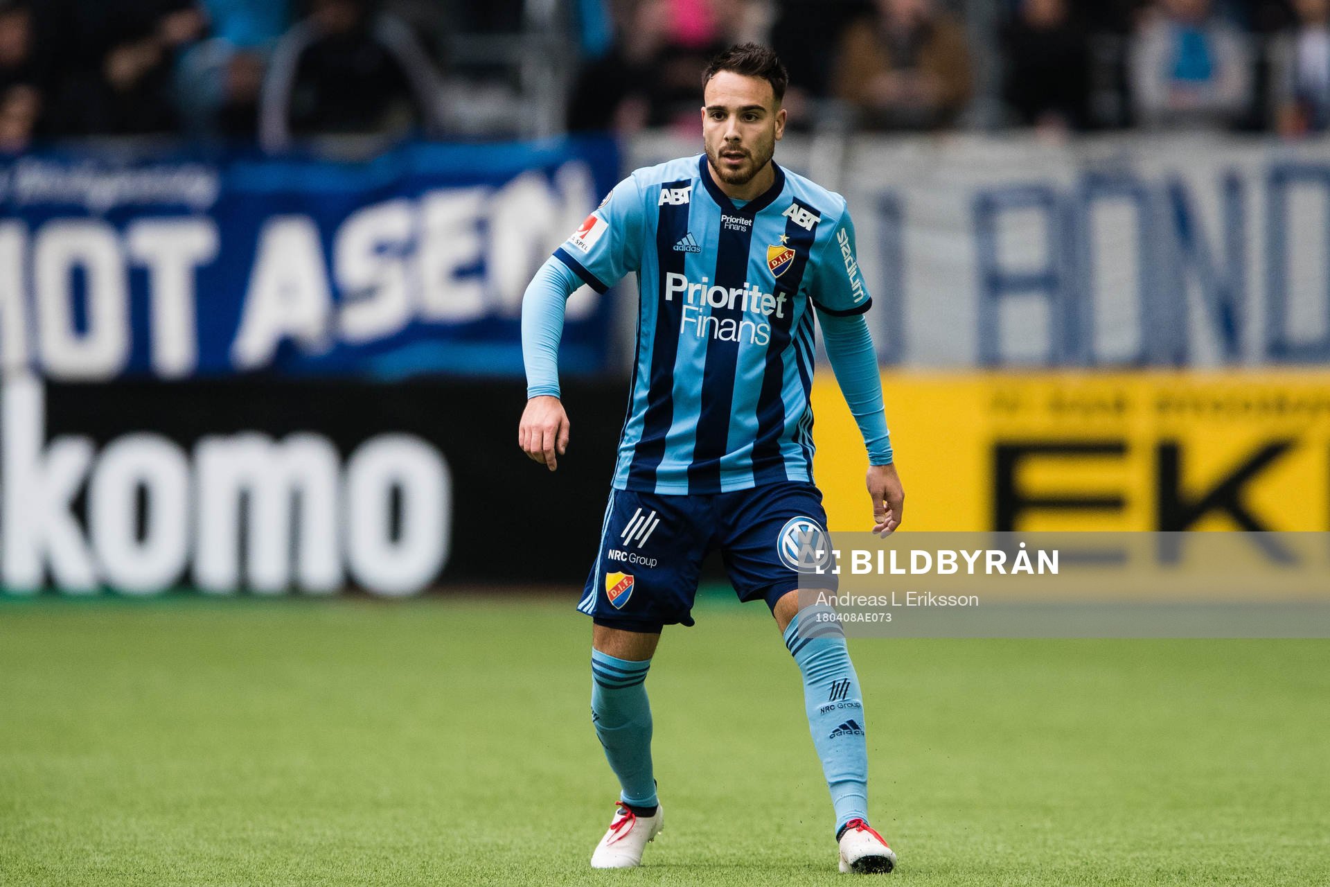 Djurgårdens Dzenis Kozica  under fotbollsmatchen i Allsvenskan mellan Djurgården och Trelleborg den 8 april 2018 i Stockholm. 