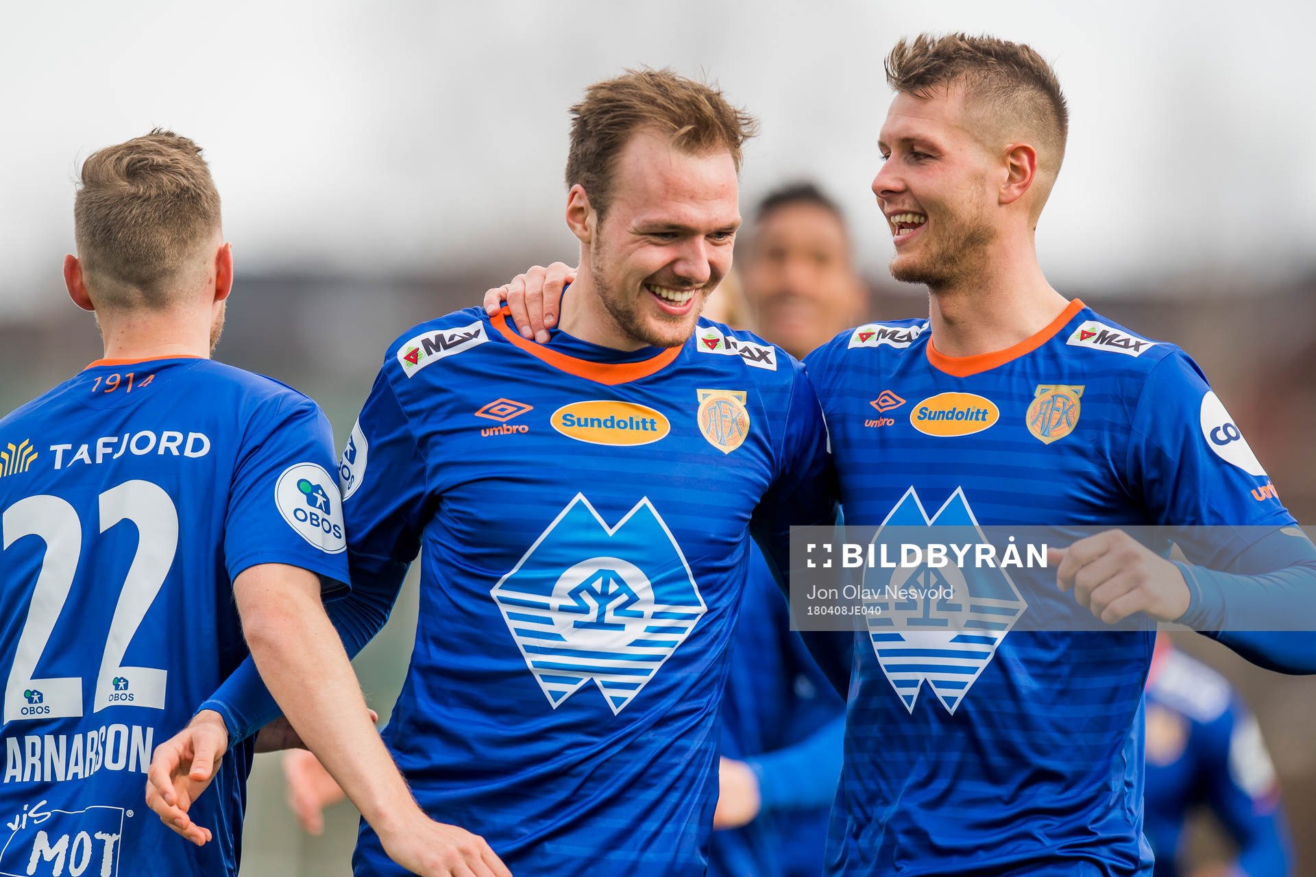 Adam Örn Arnarson, Aron Elis Thrandarson and Holmbert Aron Fridjonsson of Aalesund celebrate the 1-2 goal during the OBOS-ligaen match between Levanger and Aalesund on April 8, 2018 in Levanger.