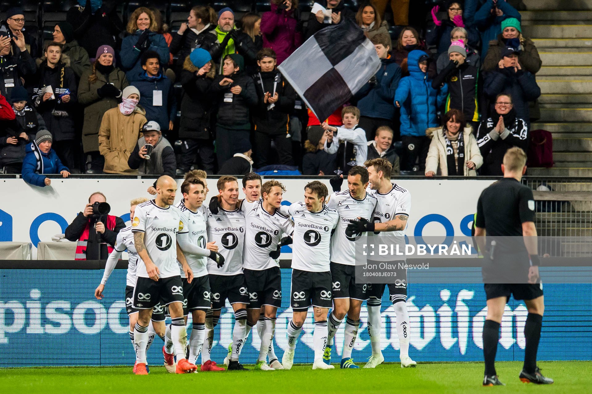 Anders Konradsen of Rosenborg celebrates with his teammates after scoring 3-0 during the Eliteserien match between Rosenborg and Molde on April 8, 2018 in Trondheim.