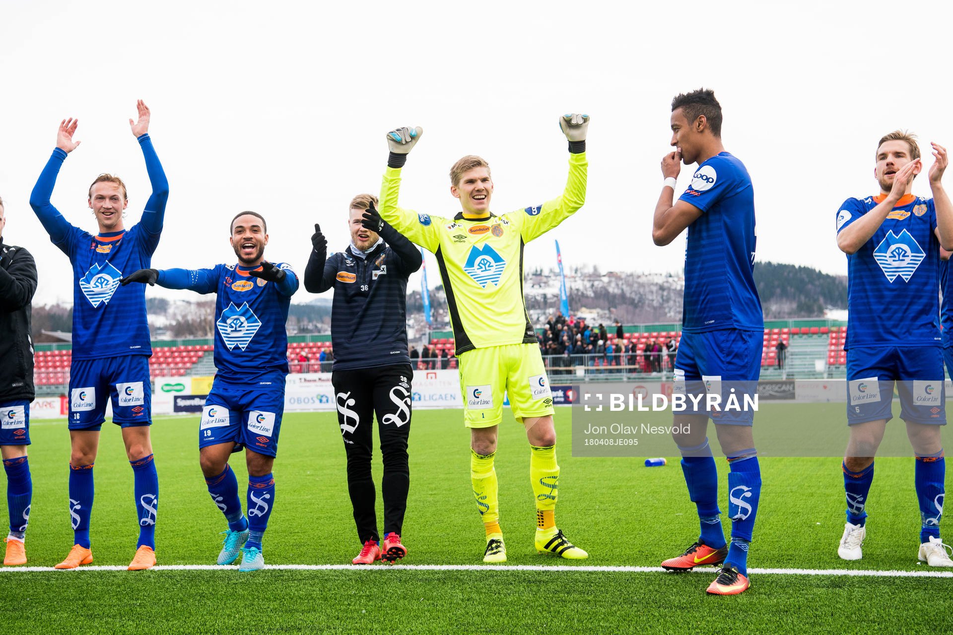 Jørgen Hatlehol, Jernade Ronnel Meade and goalkeeper Andreas Lie of Aalesund celebrate after the OBOS-ligaen match between Levanger and Aalesund on April 8, 2018 in Levanger.