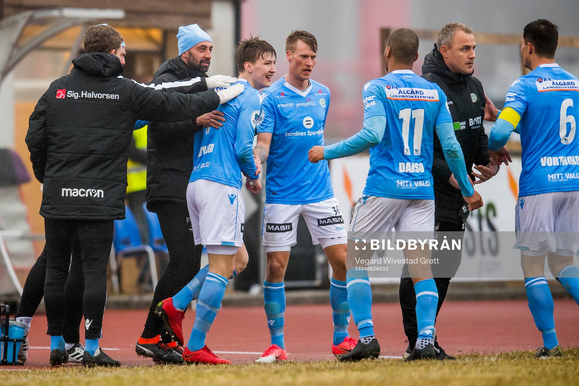 Axel Kryger of Sandnes Ulf celebrates with Bojan Zajic,