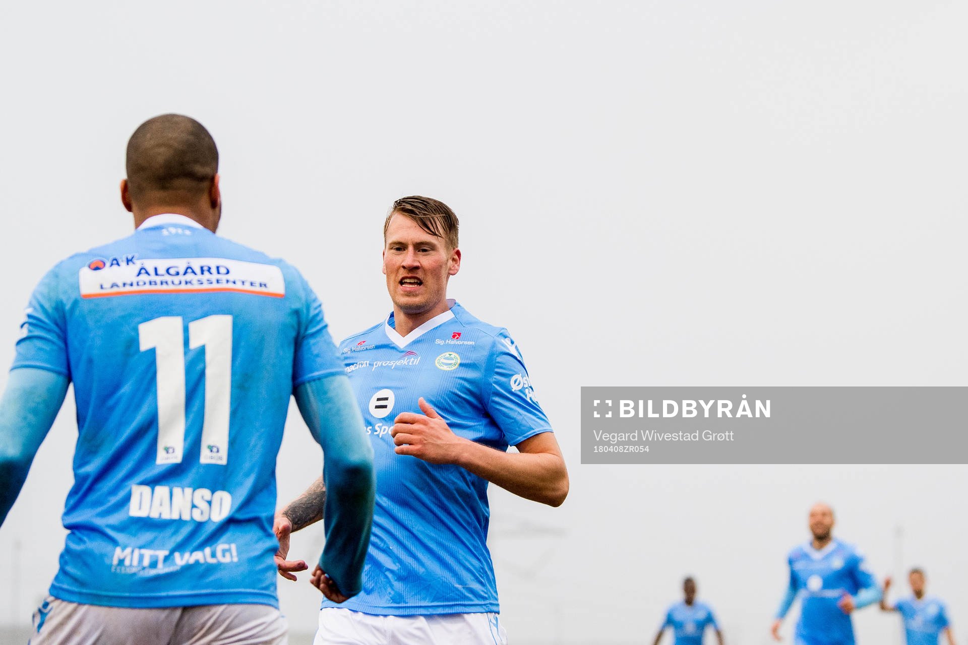 Erixon Danso of Sandnes Ulf celebrates with teammate Kent