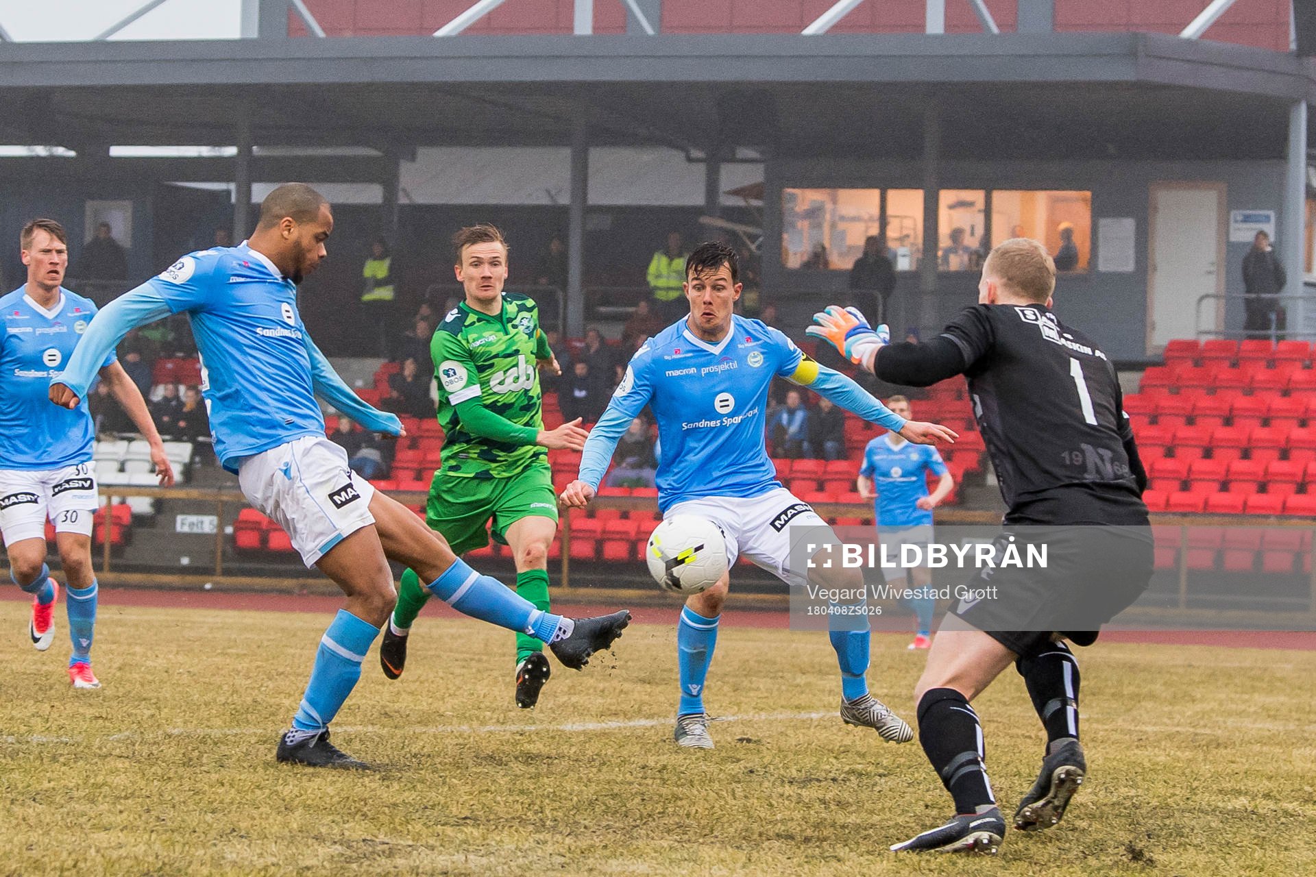 Erixon Danso of Sandnes Ulf scores 1-2 behind goalkeeper