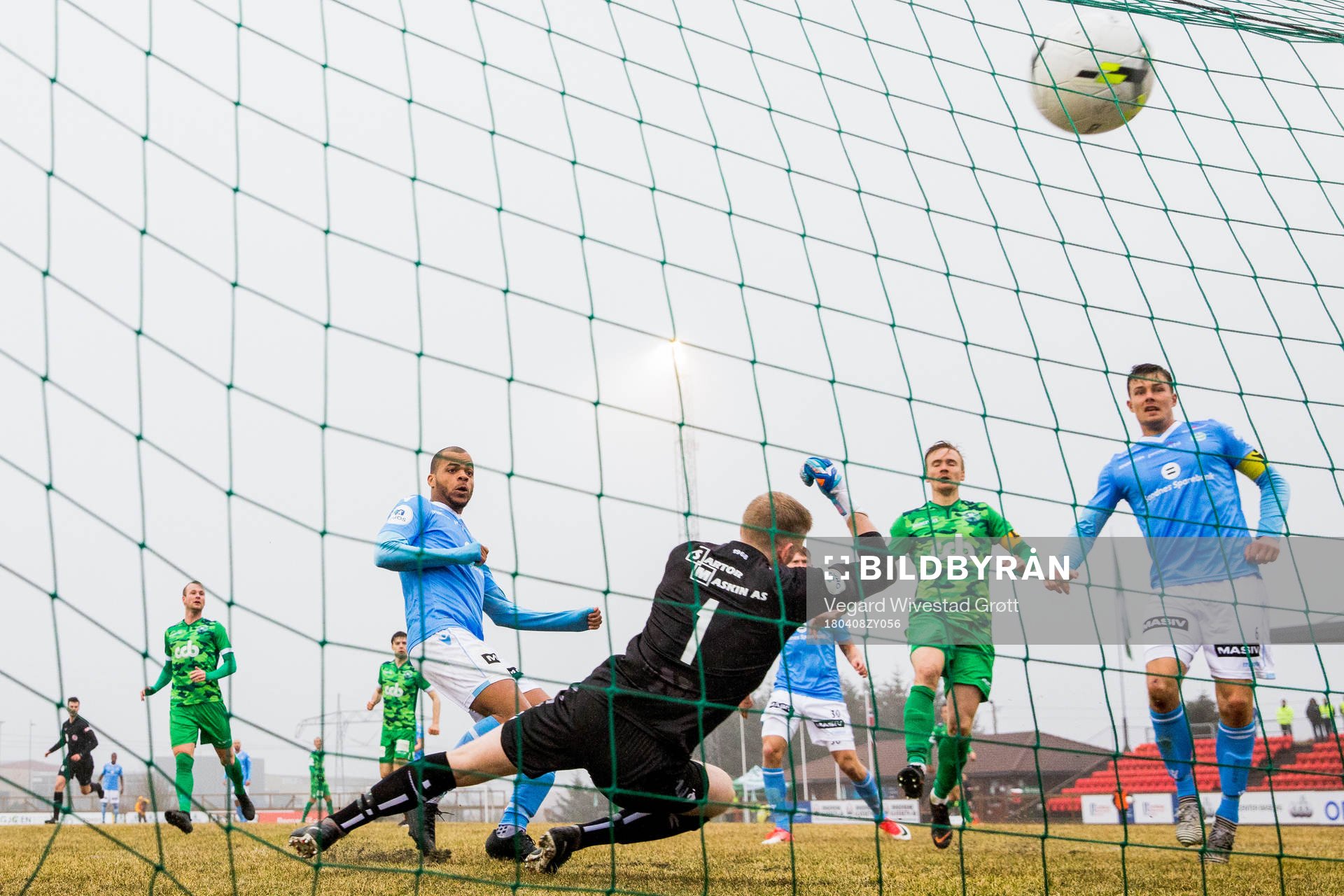 Erixon Danso of Sandnes Ulf scores 1-2 behind goalkeeper