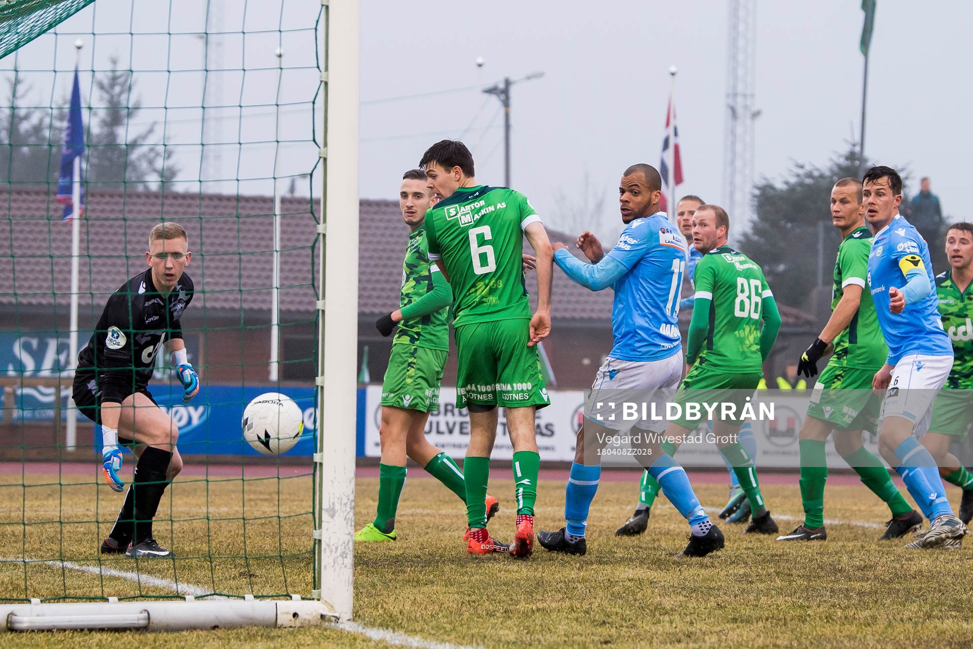 Tapio Heikkila of Sandnes Ulf scores 1-1 behind goalkeeper Egil Selvik of Nest-Sotra during the OBOS-ligaen match between Nest-Sotra and Sandnes Ulf on April 8, 2018 in Ågotnes.