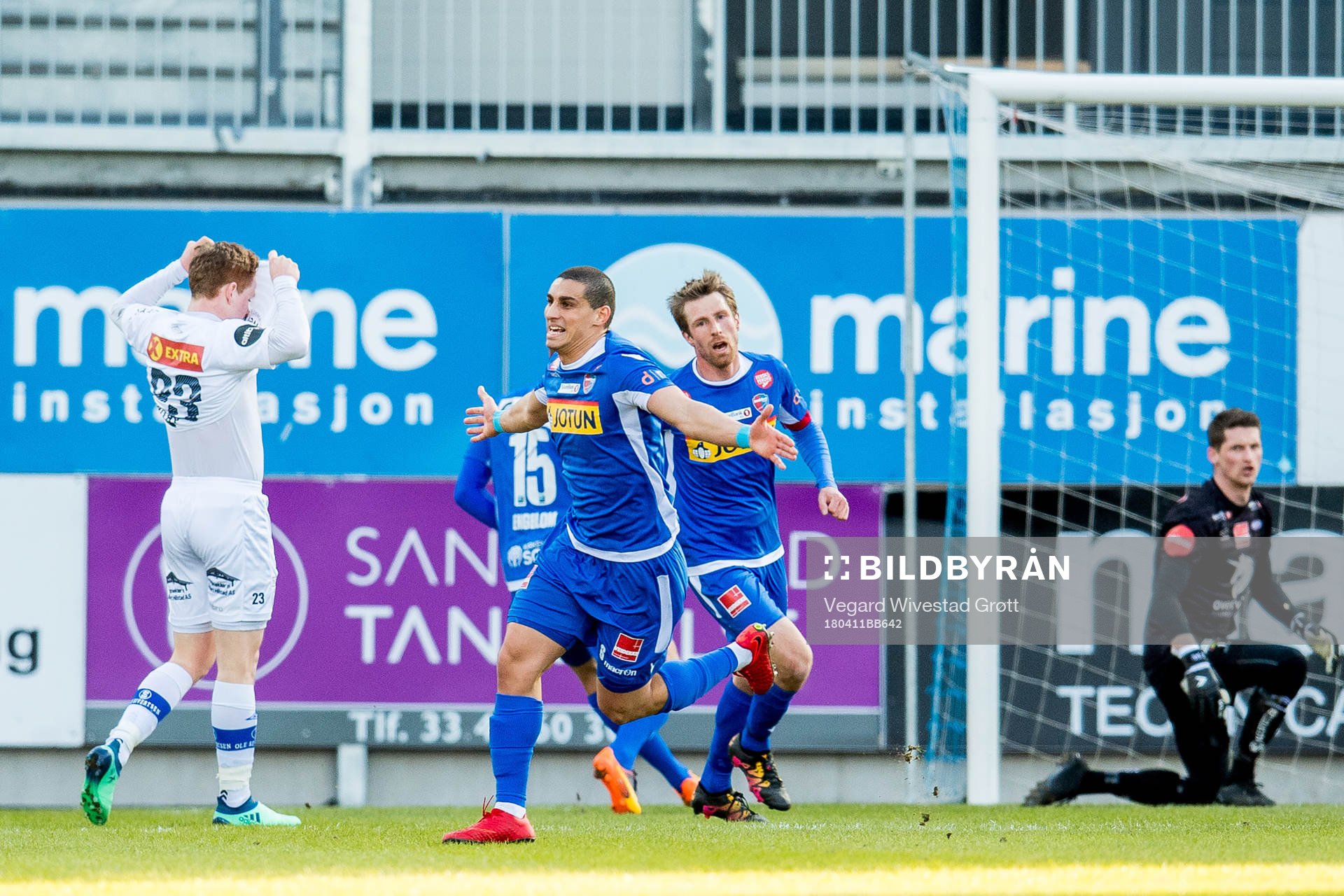 Mohamed Ofkir of Sandefjord celebrates scoring 1-0 during the Eliteserien match between Sandefjord and Ranheim on April 11, 2018 in Sandefjord.