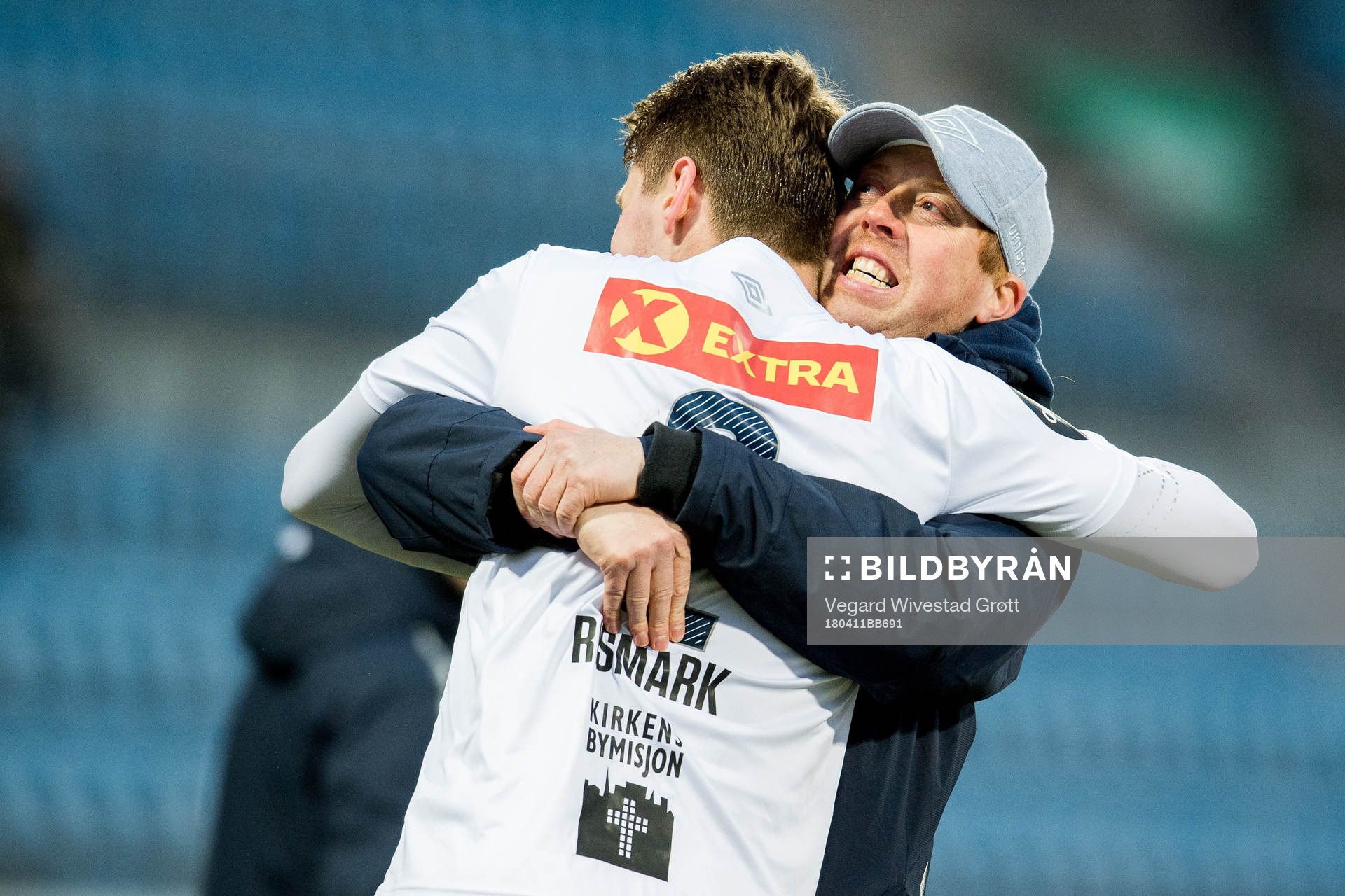 Svein Maalen, head coach of Ranheim, hugs match winner