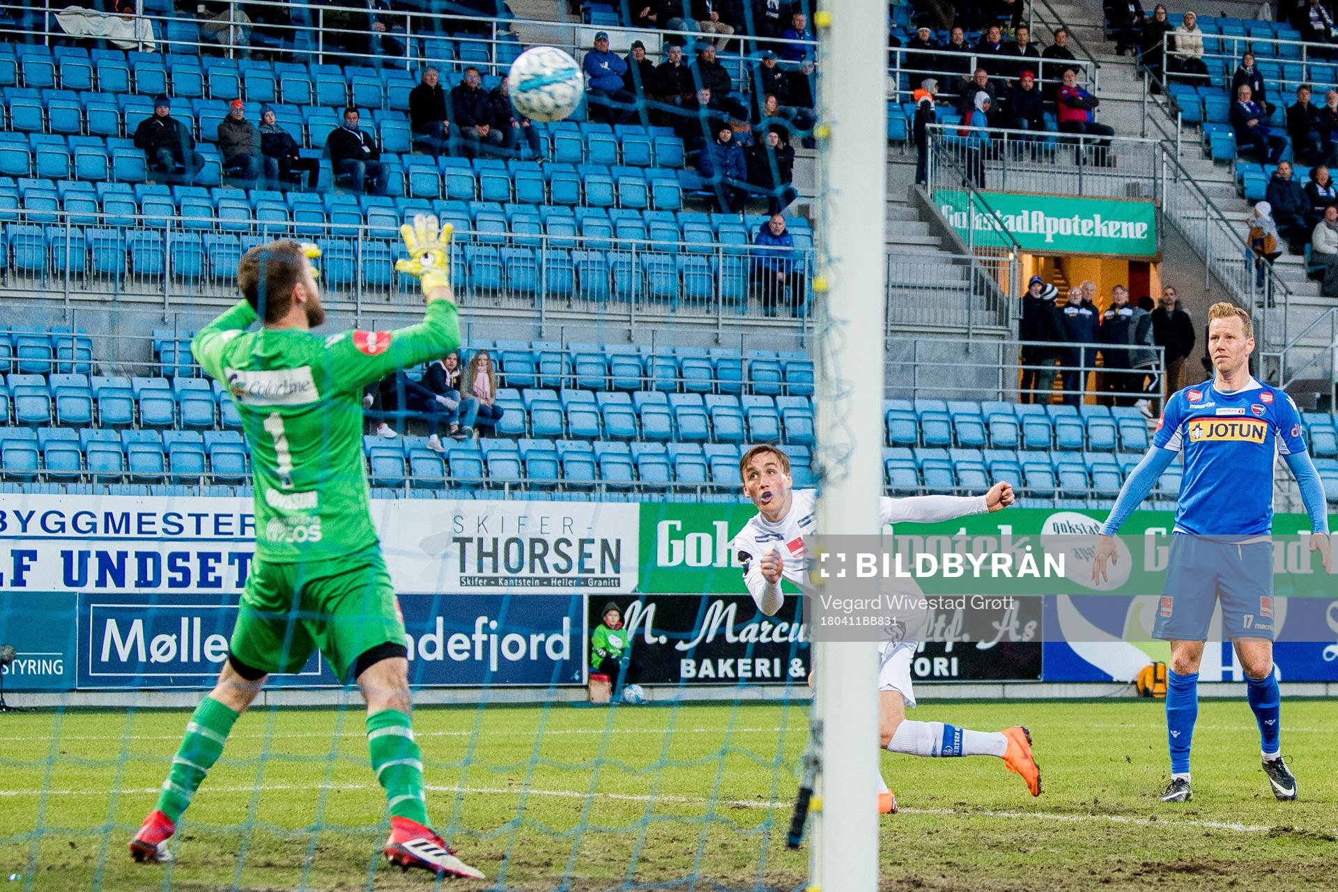 Andreas Helmersen of Ranheim scores 1-2 behind goalkeeper