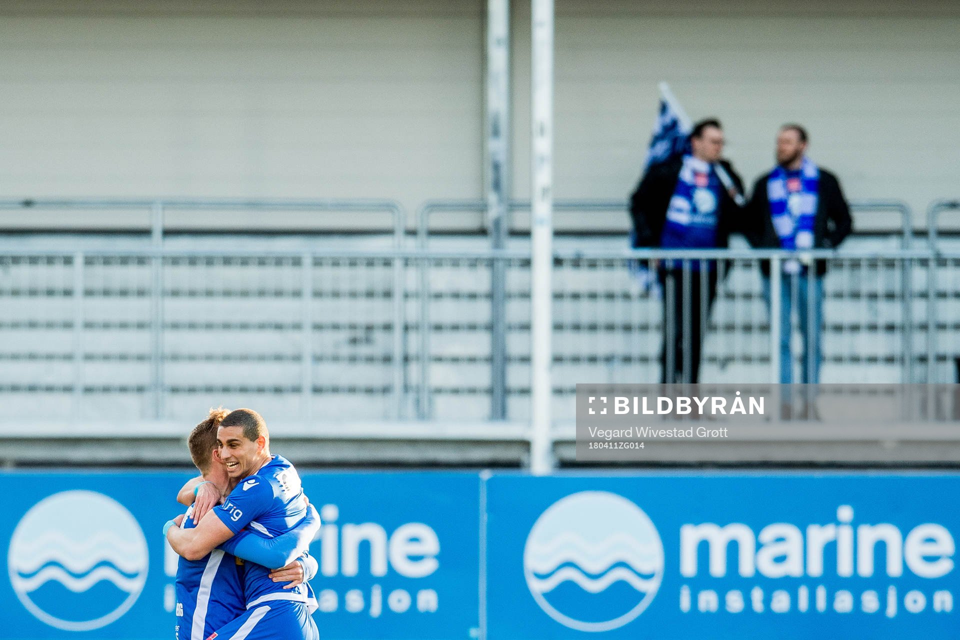 Mohamed Ofkir of Sandefjord celebrates with teammate Joackim Olsen Solberg after scoring 1-0 during the Eliteserien match between Sandefjord and Ranheim on April 11, 2018 in Sandefjord.