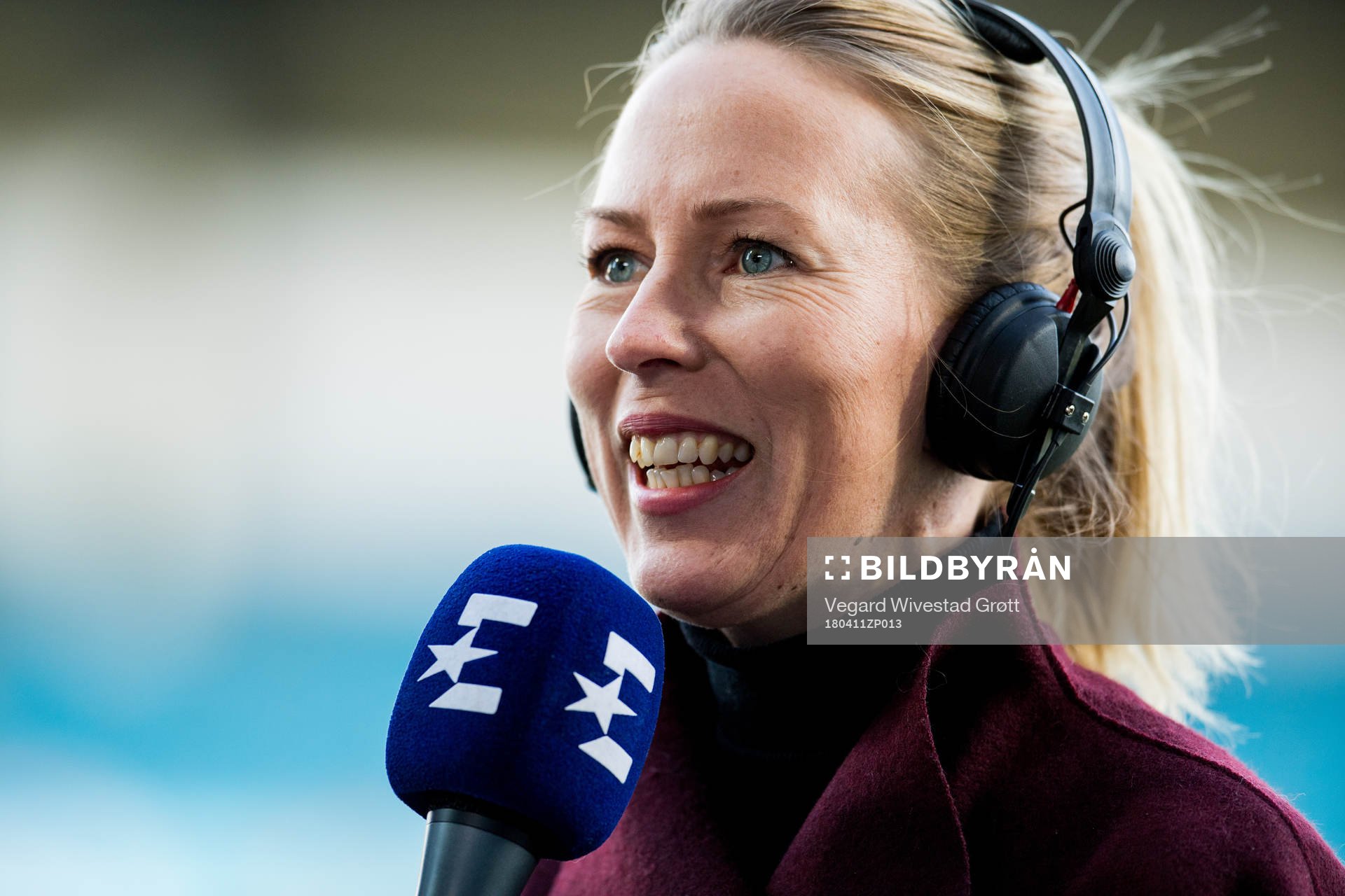 Anne Sturød, reporter of Discovery, ahead of the Eliteserien match between Sandefjord and Ranheim on April 11, 2018 in Sandefjord.