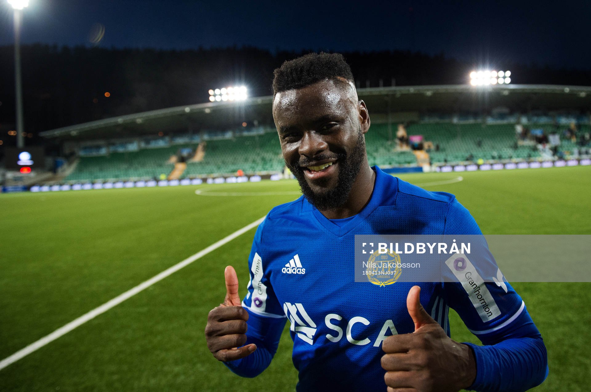 Sundsvalls Maic Sema är nöjd efter matchen där han kvitterade till 2-2 efter fotbollsmatchen i Allsvenskan mellan GIF Sundsvall och Malmö FF den 13 april 2018 i Sundsvall.