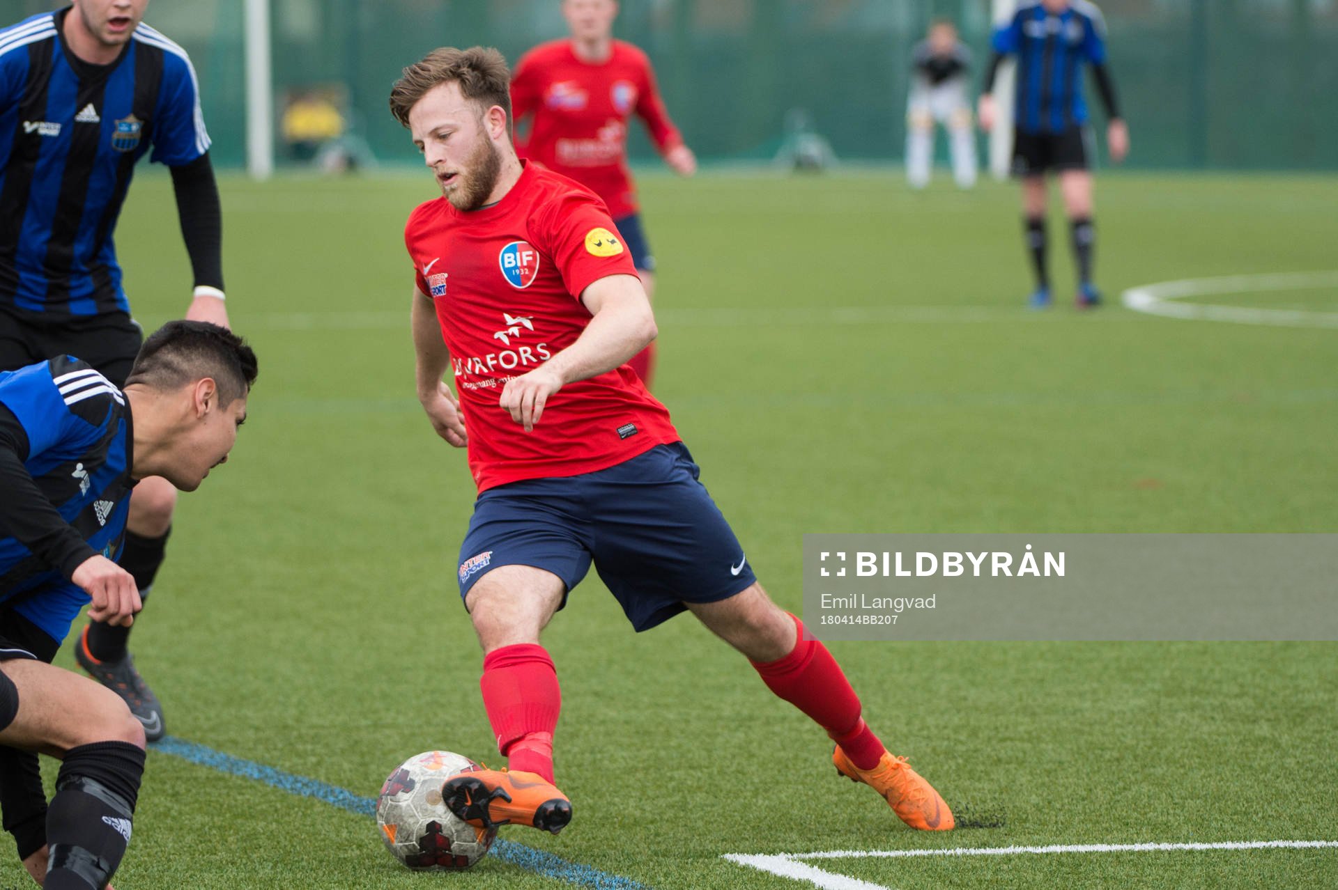 Bjärreds Steven Lawless under fotbollsmatchen i division 4 sydvästra mellan Bjärred och Lilla Torg den 14 april 2018 i Bjärred.