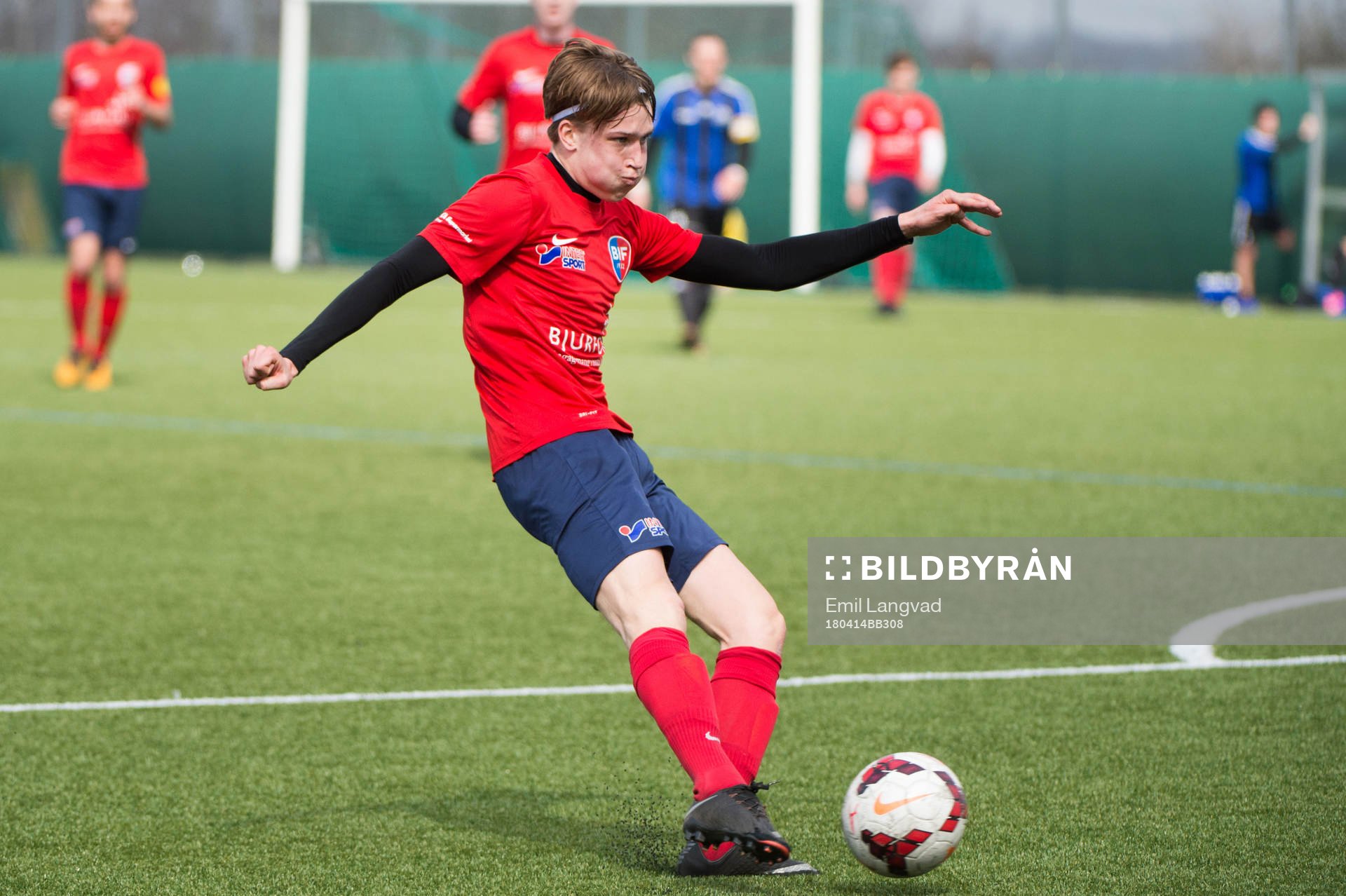 Bjärreds Erik Wikermark gör 3-1 mål under fotbollsmatchen i division 4 sydvästra mellan Bjärred och Lilla Torg den 14 april 2018  i Bjärred.