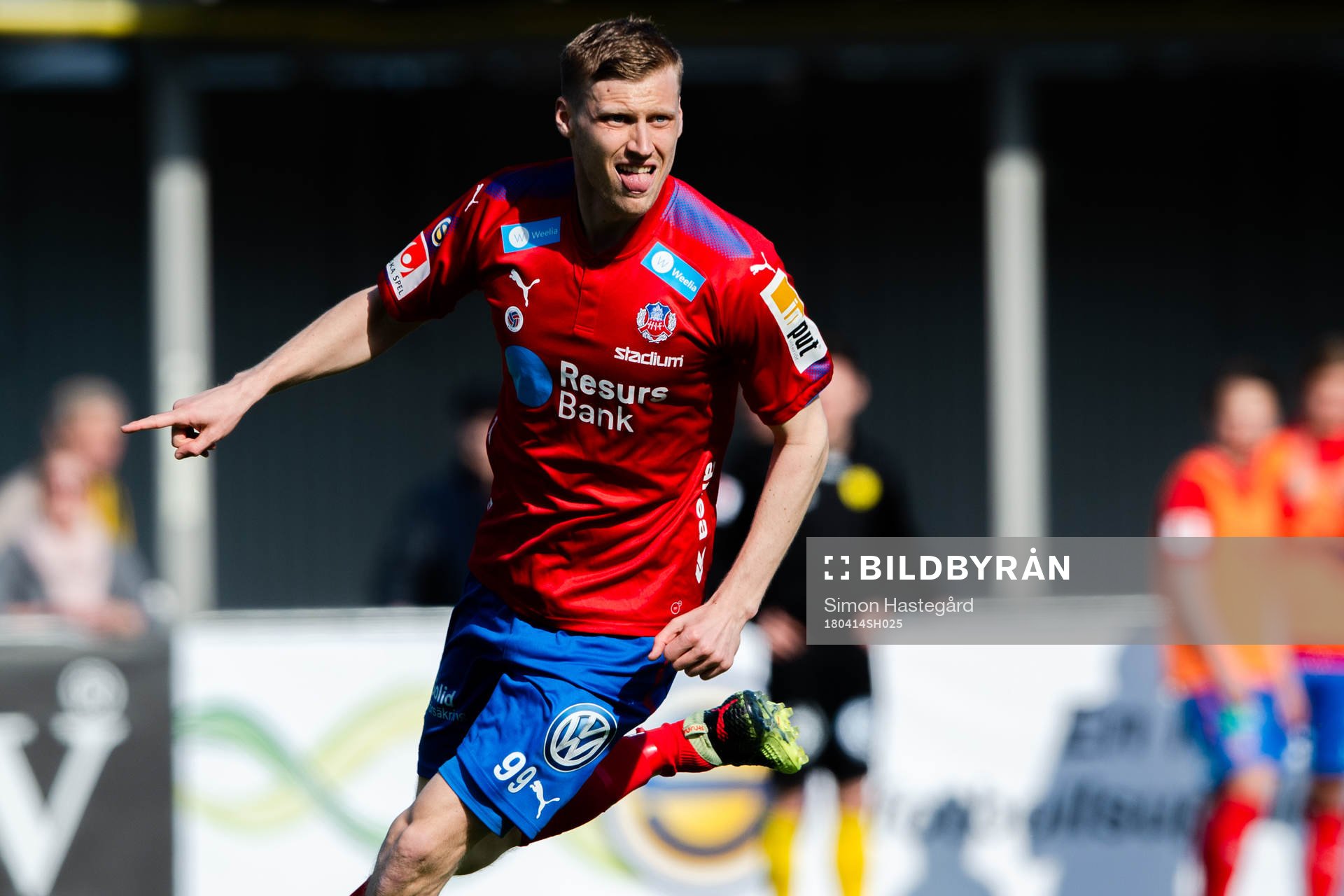 Helsingborgs Andri Rúnar Bjarnason jublar efter 1-3  under en fotbollsmatch i Superettan mellan Frej och Helsingborg den 14 april 2018 i Stockholm.