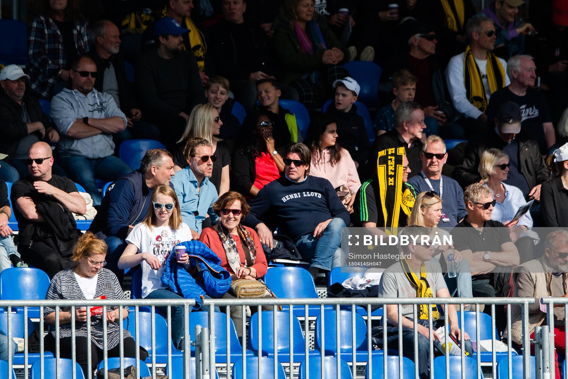 Jesper Jansson, Sportchef Hammarby och Bosse Andersson, Sportchef Djurgården på läktaren under en fotbollsmatch i Superettan mellan Frej och Helsingborg den 14 april 2018 i Stockholm.