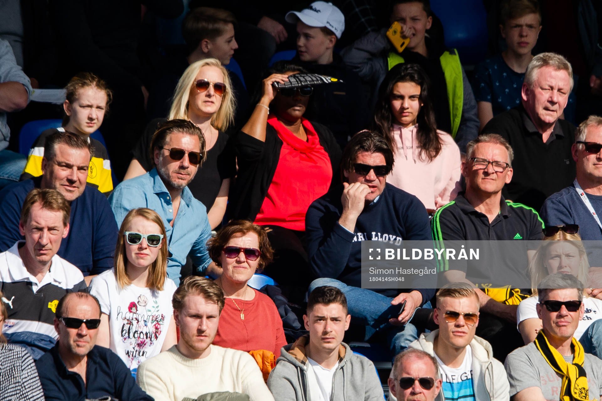 Jesper Jansson, Sportchef Hammarby och Bosse Andersson, Sportchef Djurgården på läktaren under en fotbollsmatch i Superettan mellan Frej och Helsingborg den 14 april 2018 i Stockholm.