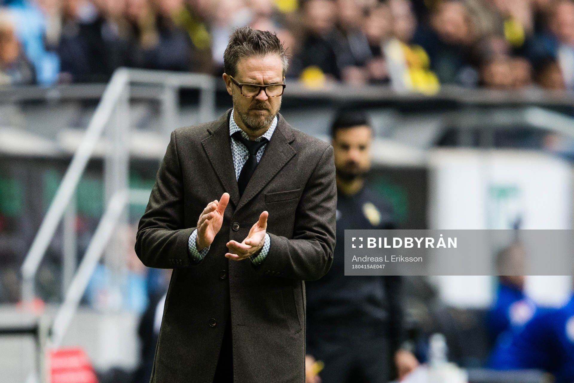 AIK:s tränare Rikard Norling under fotbollsmatchen i Allsvenskan mellan AIK och Djurgården den 15 april 2018 i Stockholm. 