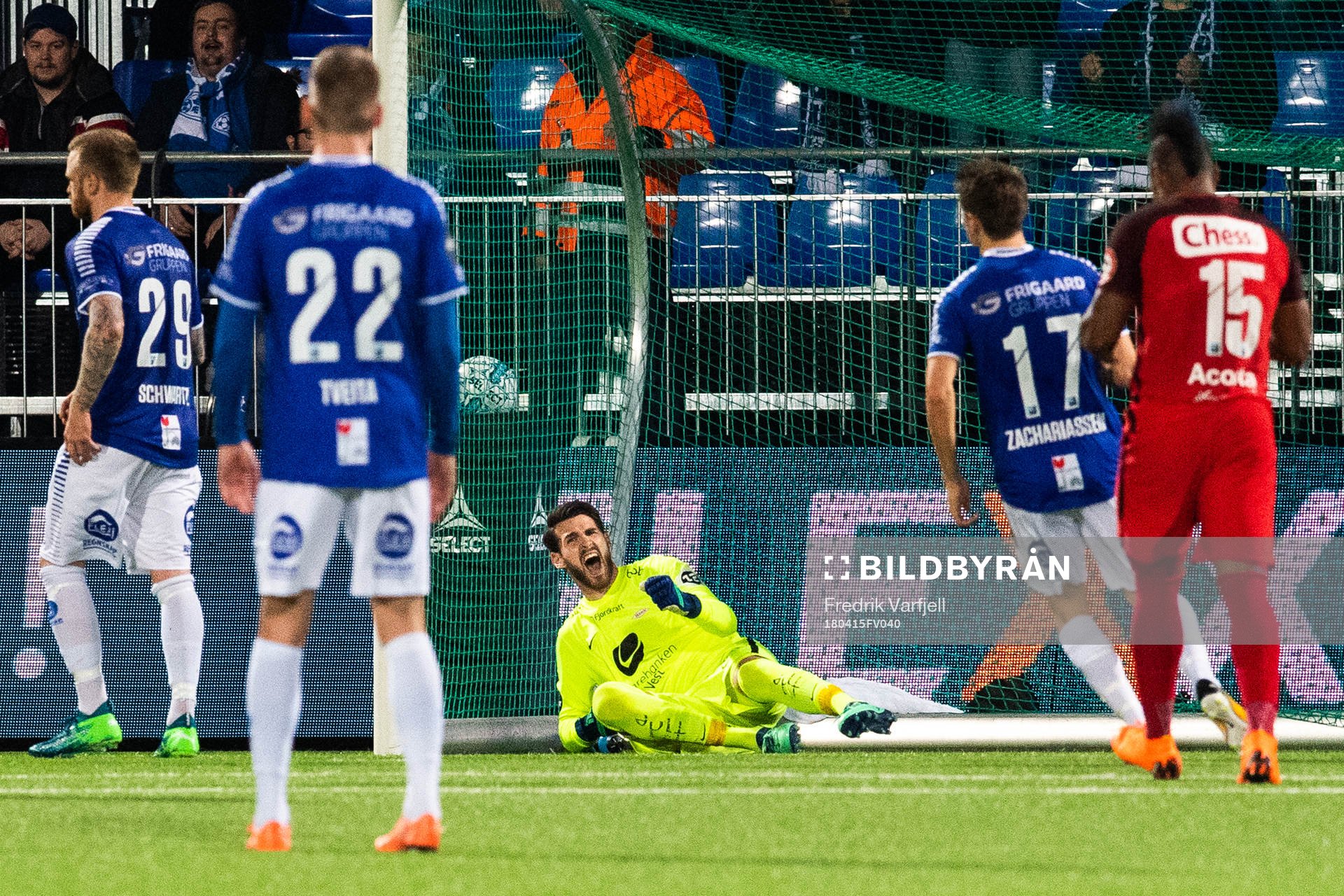 Goalkeeper Samuel Sahin-Radlinger of Brann celebrates after Sarpsborg 08 missed a penalty kick during the Eliteserien match between Sarpsborg 08 and Brann on April 15, 2018 in Sarpsborg.