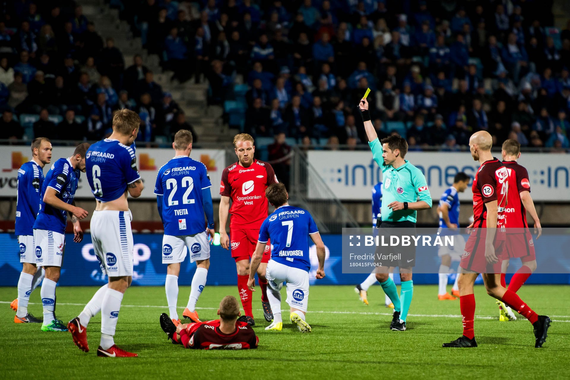 Ole Jørgen Halvorsen of Sarpsborg 08 is shown a yellow