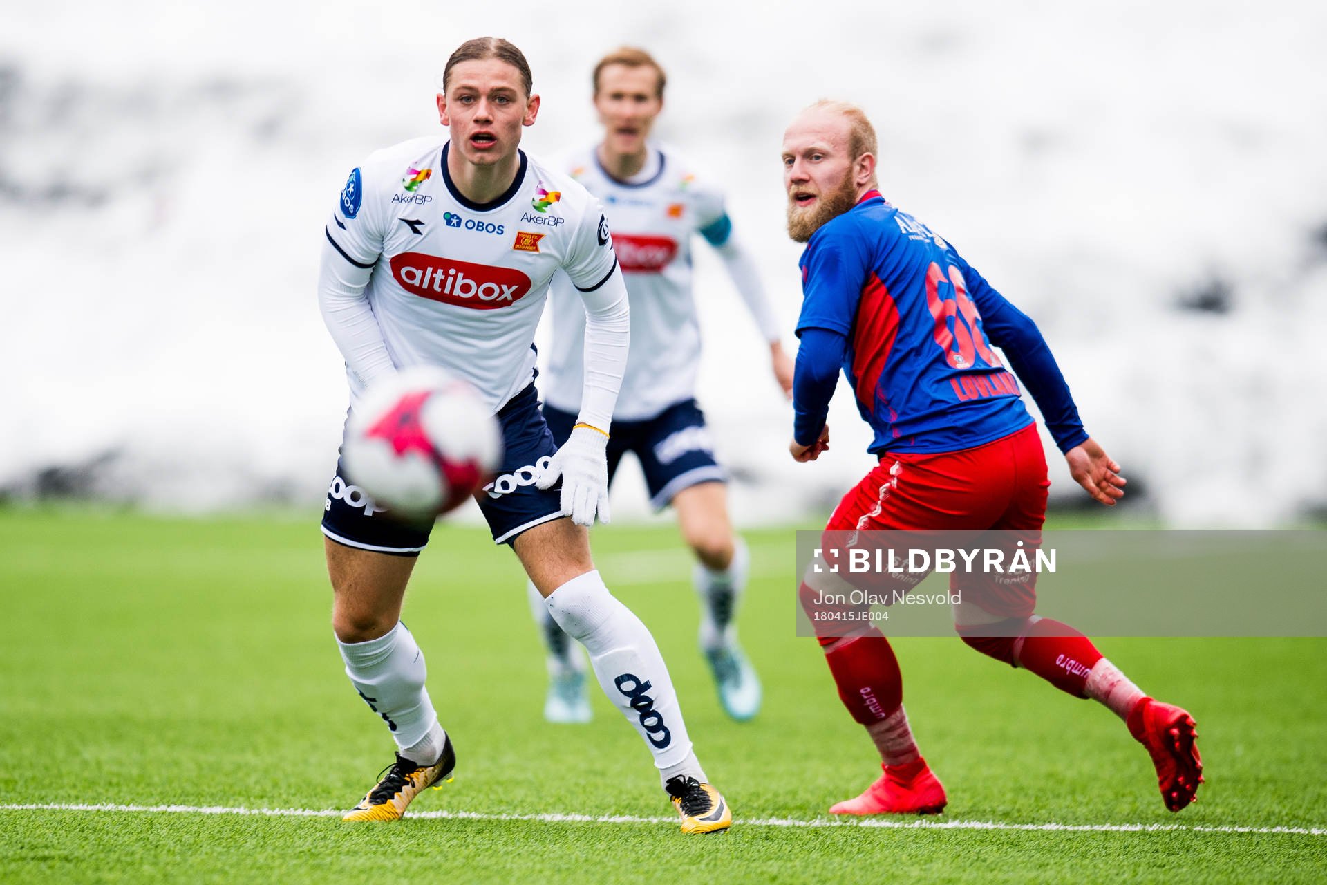 Julian Ryerson of Viking and Andreas Løvland of Tromsdalen during the OBOS-ligaen match between Tromsdalen and Viking on April 15, 2018 in Tromsø.