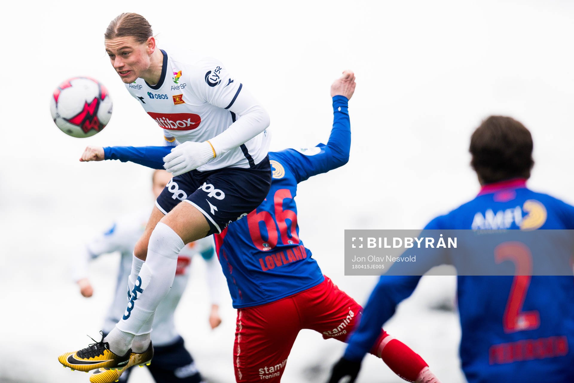 Julian Ryerson of Viking and Andreas Løvland of Tromsdalen during the OBOS-ligaen match between Tromsdalen and Viking on April 15, 2018 in Tromsø.