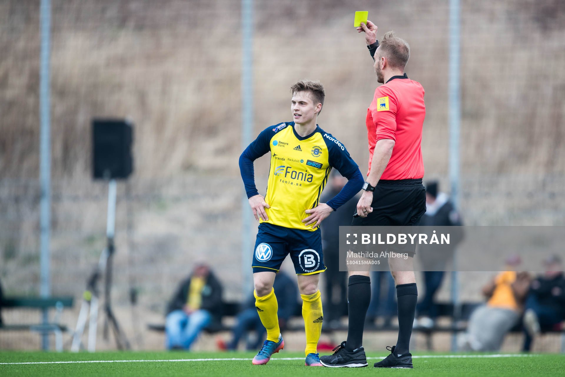 Ängelholms Elias Johansson får gult kort under fotbollsmatchen i Division 1 Södra mellan Ängelholm och Karlskrona den 15 april 2018 i Ängelholm.