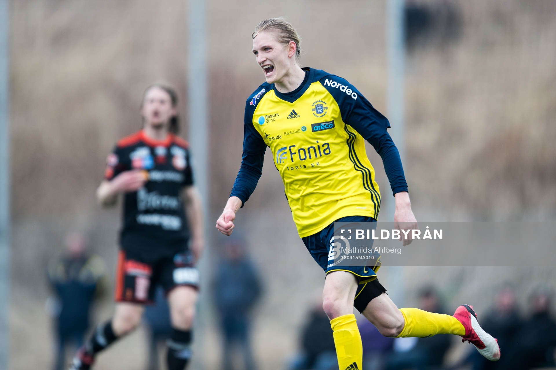 Ängelholms Andreas Karlsson jublar efter 1-0 under fotbollsmatchen i Division 1 Södra mellan Ängelholm och Karlskrona den 15 april 2018 i Ängelholm.