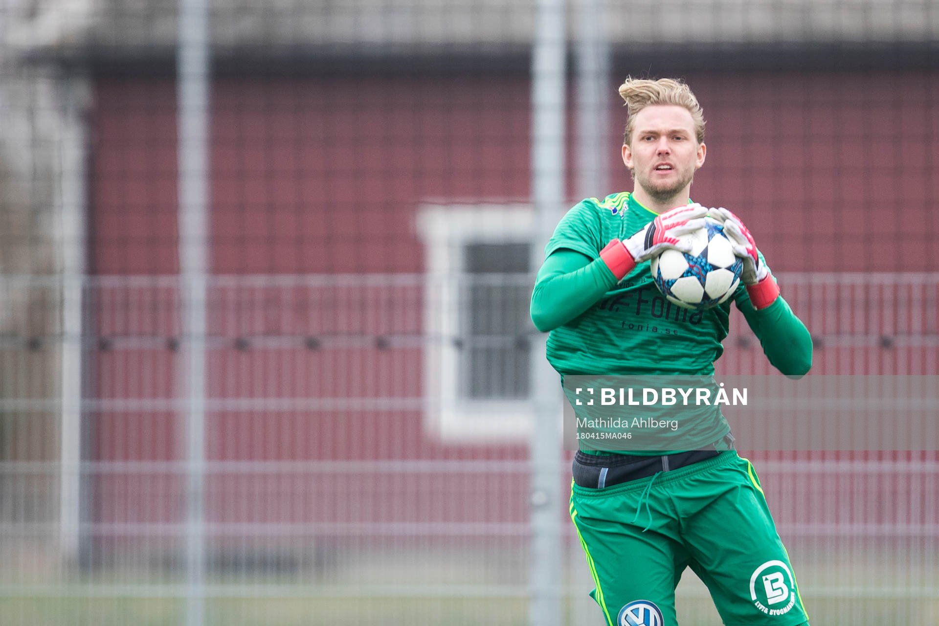 Ängelholms målvakt Linus Müller under fotbollsmatchen i Division 1 Södra mellan Ängelholm och Karlskrona den 15 april 2018 i Ängelholm.

