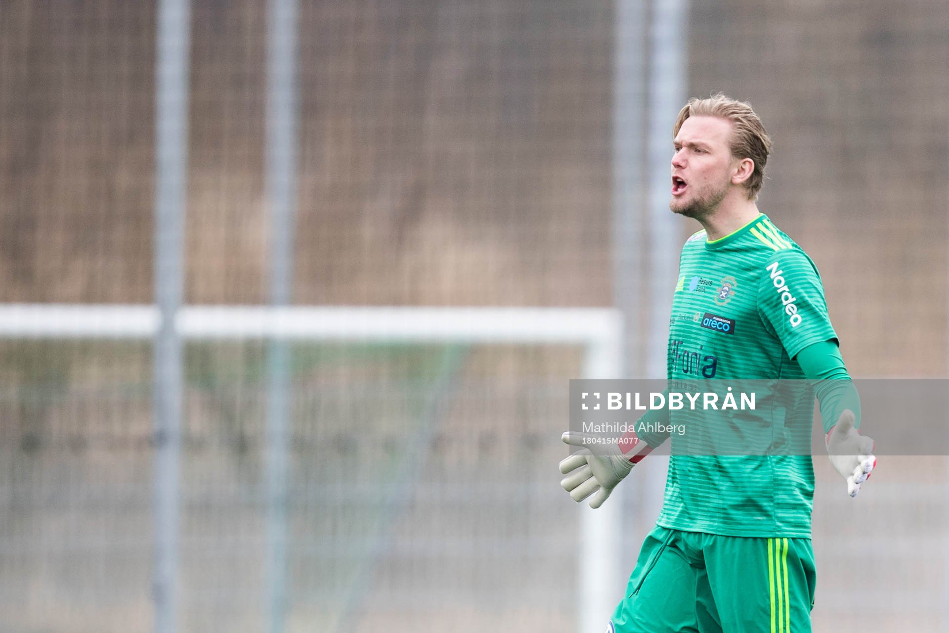 Ängelholms målvakt Linus Müller under fotbollsmatchen i Division 1 Södra mellan Ängelholm och Karlskrona den 15 april 2018 i Ängelholm.
