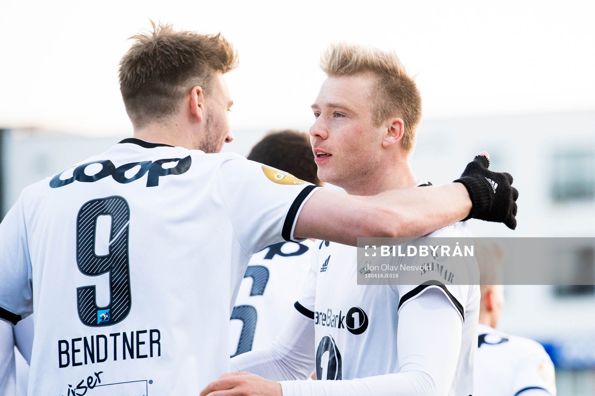 Nicklas Bendtner and Alexander Toft Søderlund of Rosenborg celebrate the 1-0 goal during the Eliteserien match between Bodø/Glimt and Rosenborg on April 16, 2018 in Bodø.
