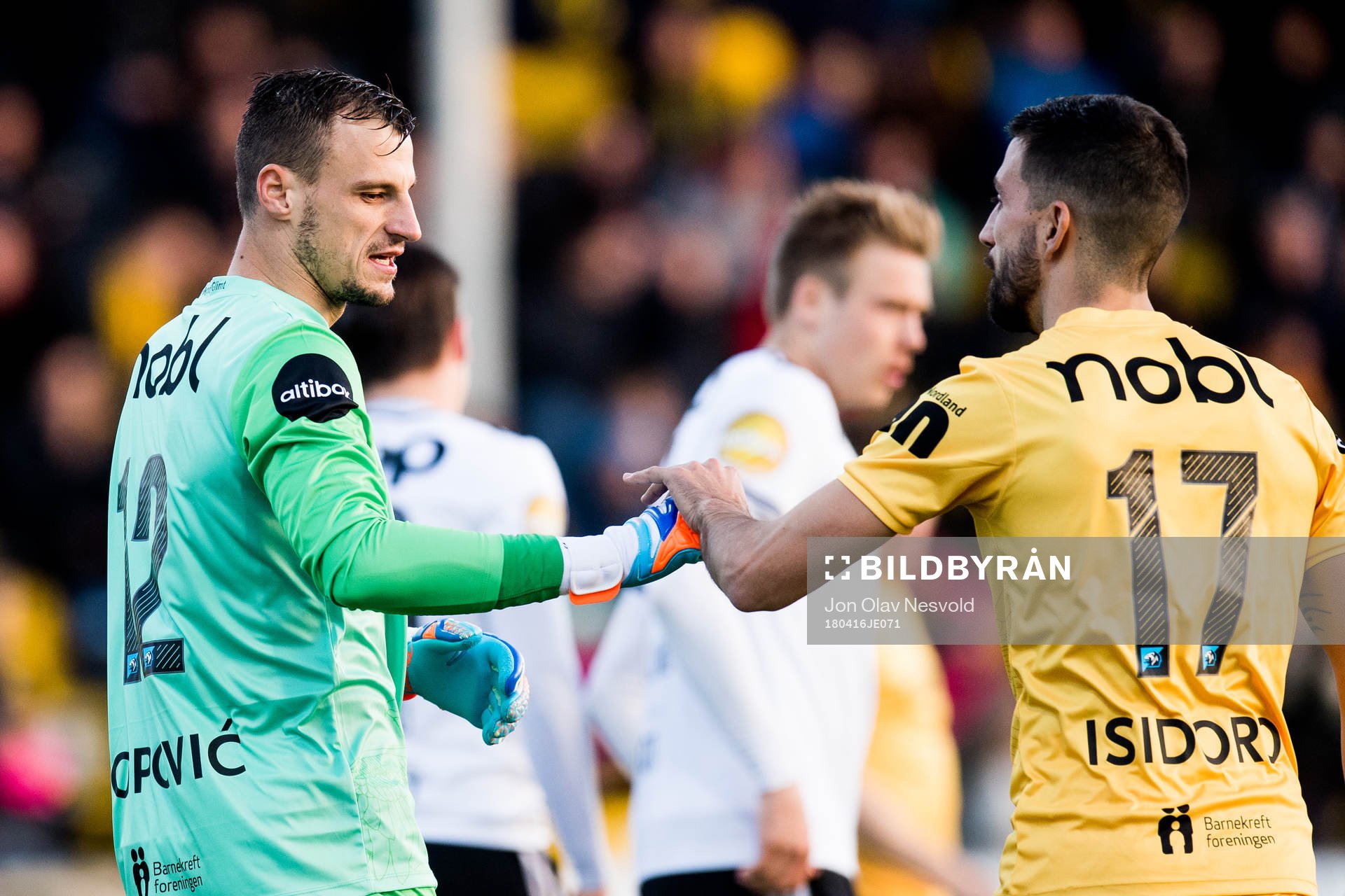 Goalkeeper Zoran Popovic and Isidoro of Bodø/Glimt during the Eliteserien match between Bodø/Glimt and Rosenborg on April 16, 2018 in Bodø.