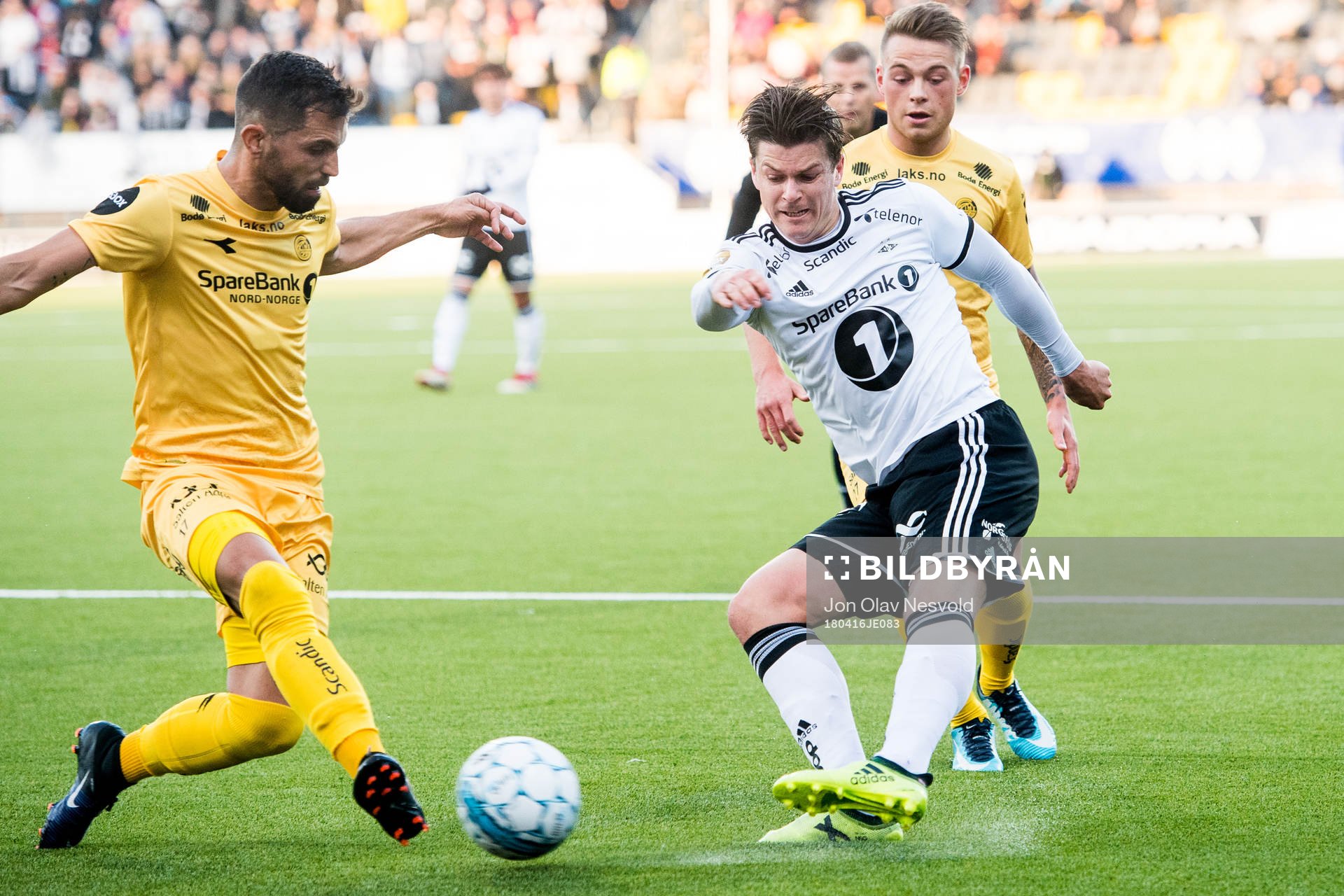 Isidoro of Bodø/Glimt and Pål André Helland of Rosenborg during the Eliteserien match between Bodø/Glimt and Rosenborg on April 16, 2018 in Bodø.