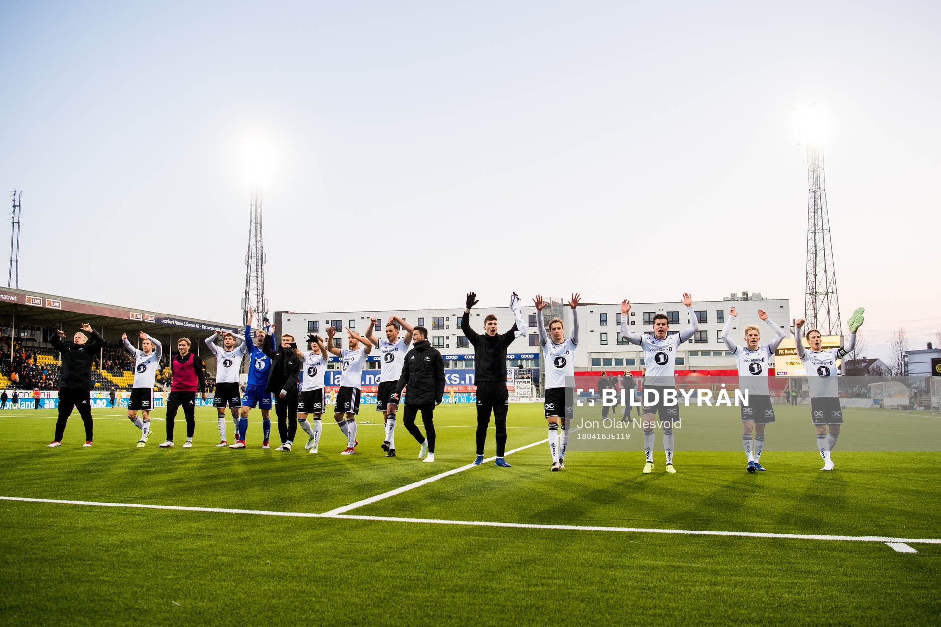The players of Rosenborg celebrate after the Eliteserien match between Bodø/Glimt and Rosenborg on April 16, 2018 in Bodø.