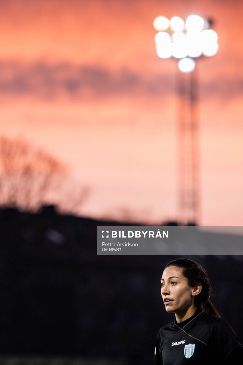 Göteborgs Christen Press under fotbollsmatchen i Damallsvenskan mellan FC Rosengård och Kopparbergs/Göteborg den 16 april 2018 i Malmö.
