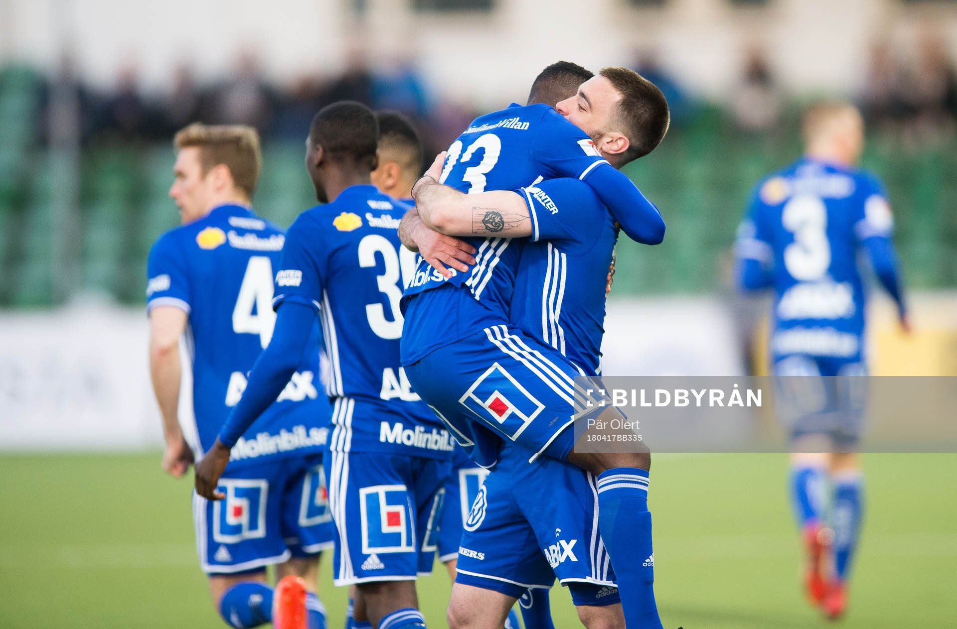 Sundsvalls Maic Sema jublar efter 1-0 målet under fotbollsmatchen i Allsvenskan mellan Sundsvall och Trelleborg den 17 April 2018 i Sundsvall.
