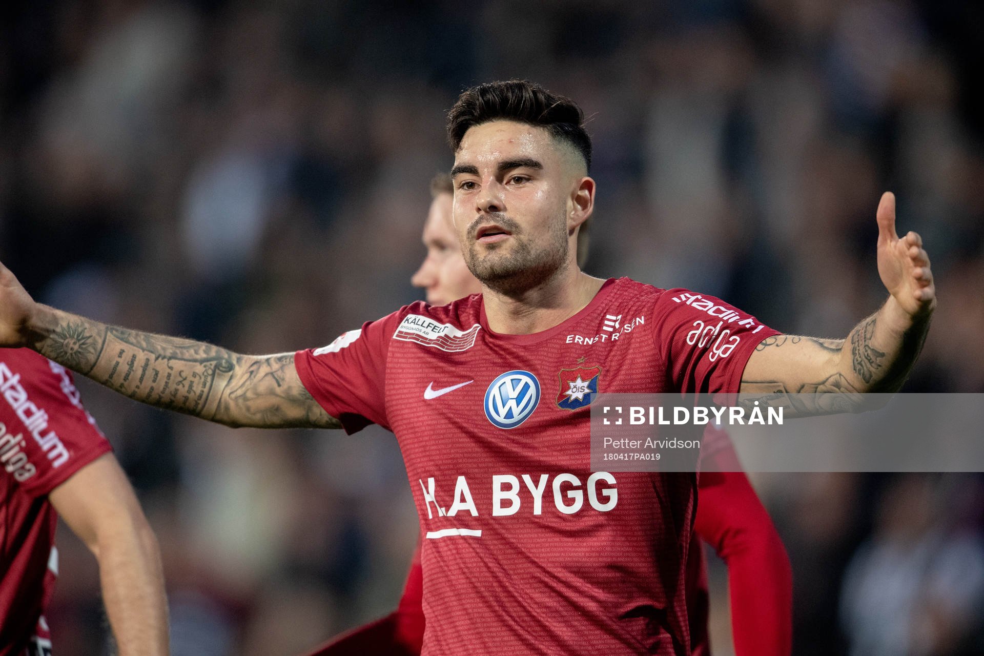 Örgrytes Diego Montiel jublar efter 2-2 under fotbollsmatchen i Superettan mellan Landskrona och Örgryte den 17 april 2018 i Landskrona.