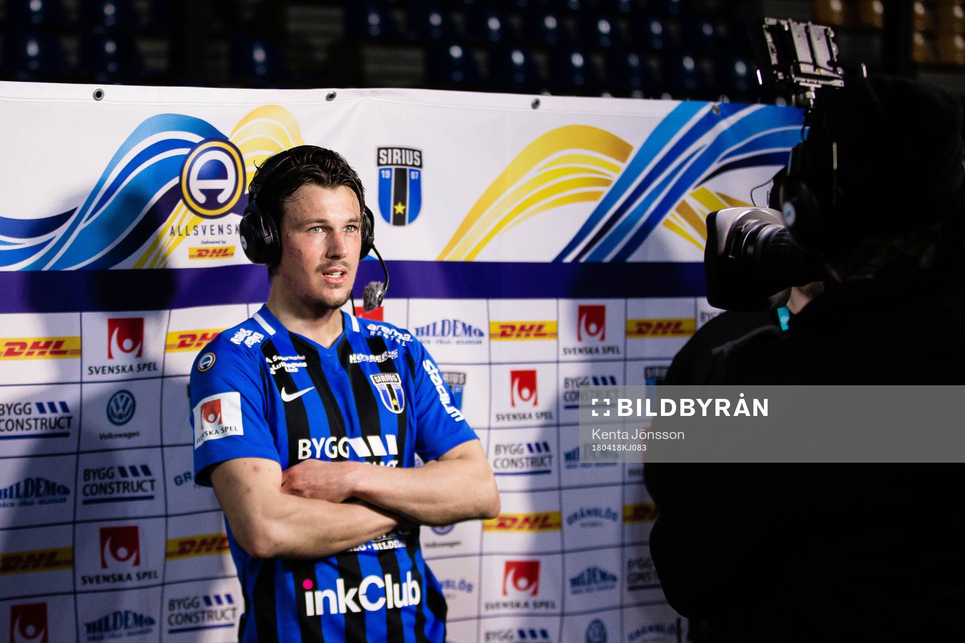 Sirius Stefano Vecchia intervjuas efter fotbollsmatchen i Allsvenskan mellan Sirius och Häcken den 18 April 2018 i Uppsala. 