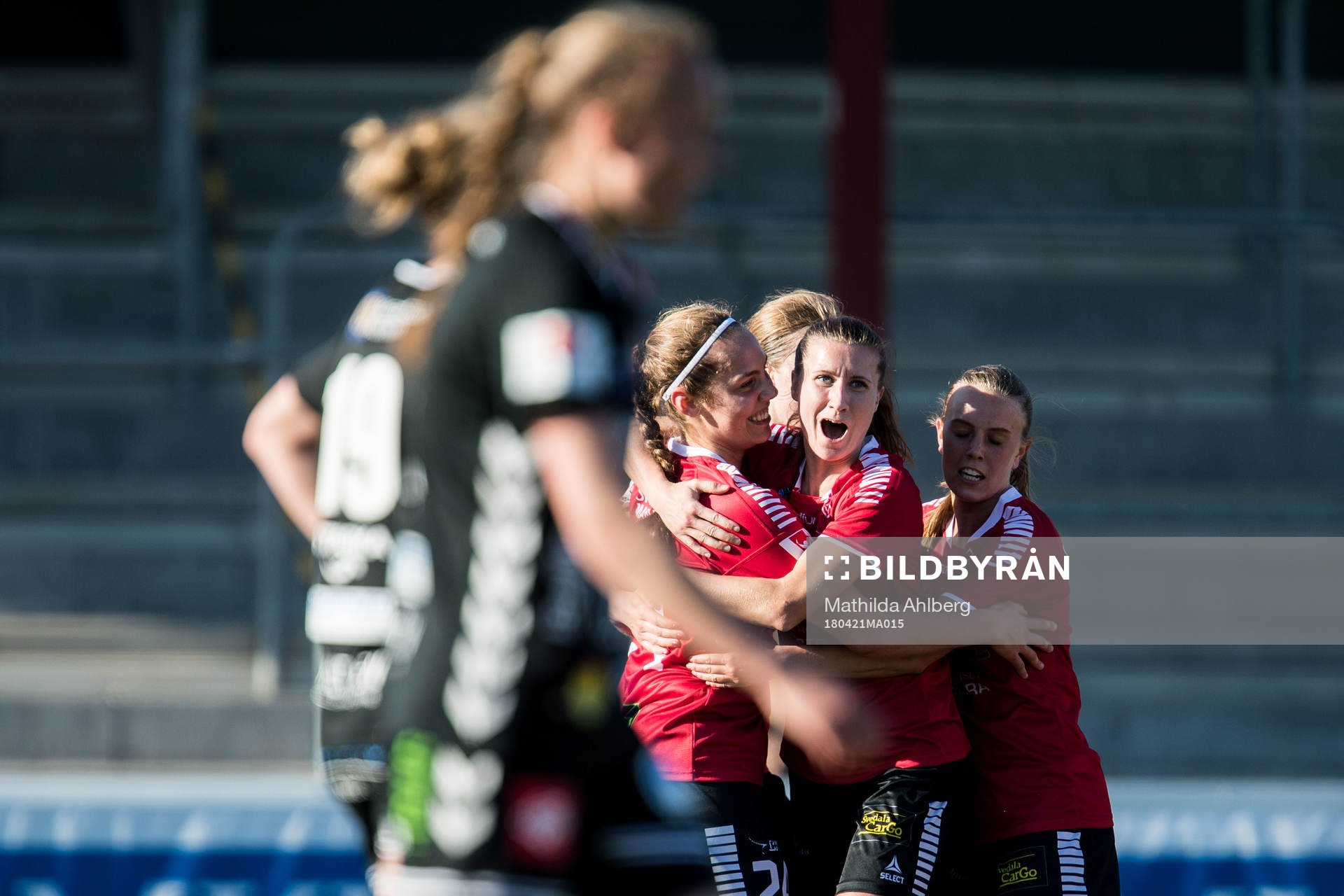 Limhamn Bunkeflos spelare jublar efter 2-2 under fotbollsmatchen i Damallsvenskan mellan LB07 och Kristianstad den 21 april 2018 i Malmö.