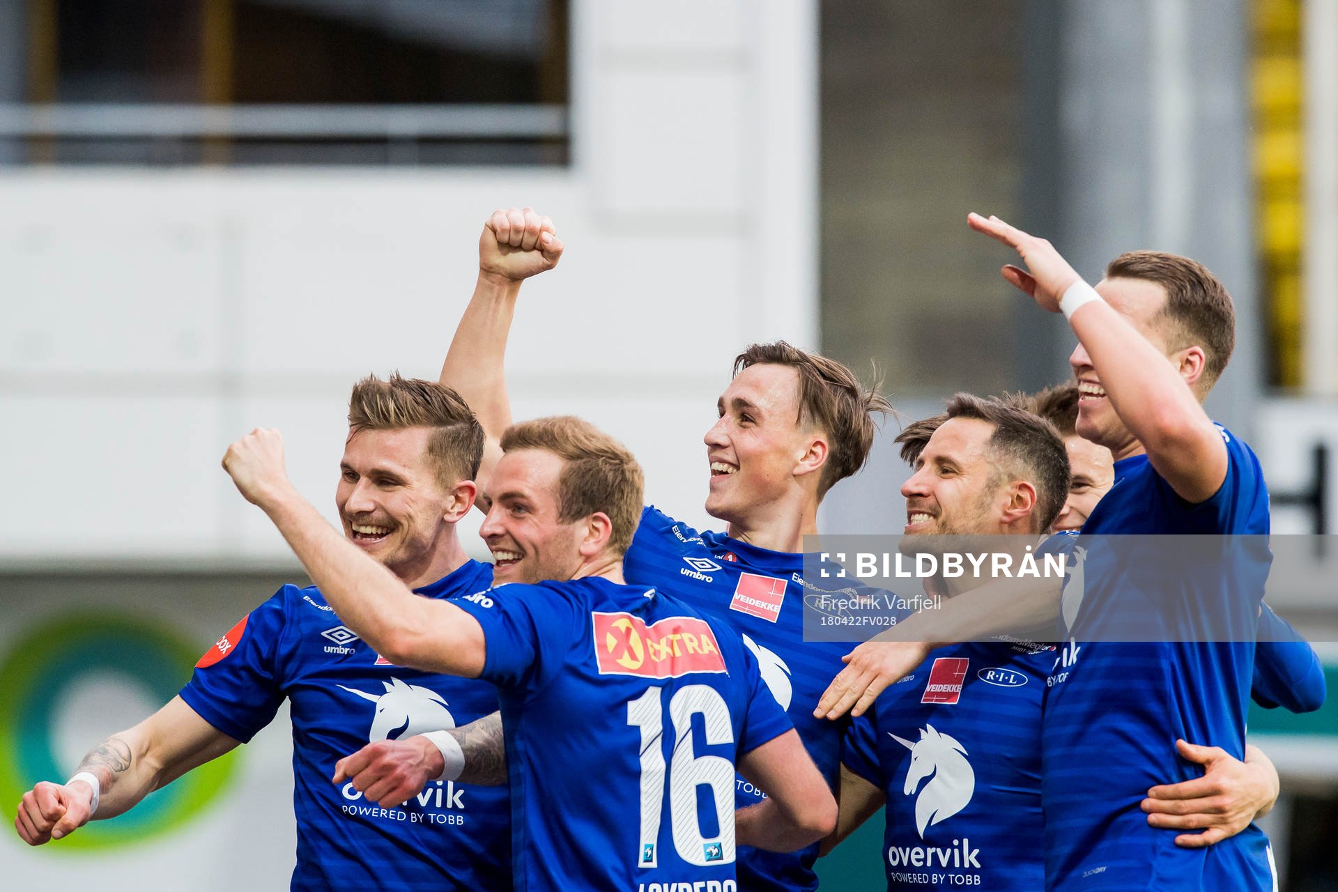 Mads Reginiussen of Ranheim celebrates with his teammates after scoring 0-1 during the Eliteserien match between Lillestrøm and Ranheim on April 22, 2018 in Lillestrøm.